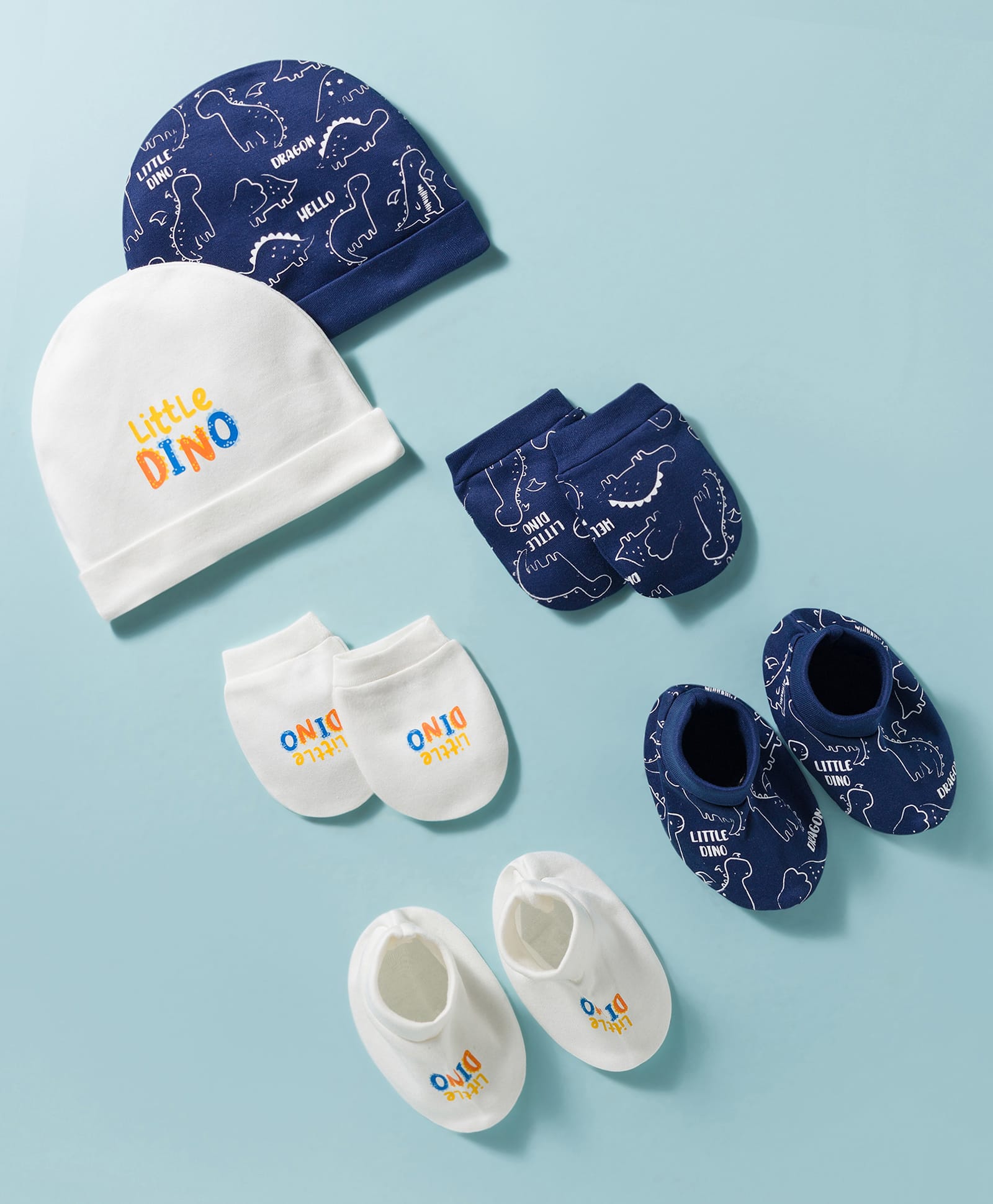 Doodle Poodle 100% Cotton Interlock Knit Dino Printed Caps Mittens & Booties Set Pack of 2 Navy Blue & White - Diameter 10 cm-image-5