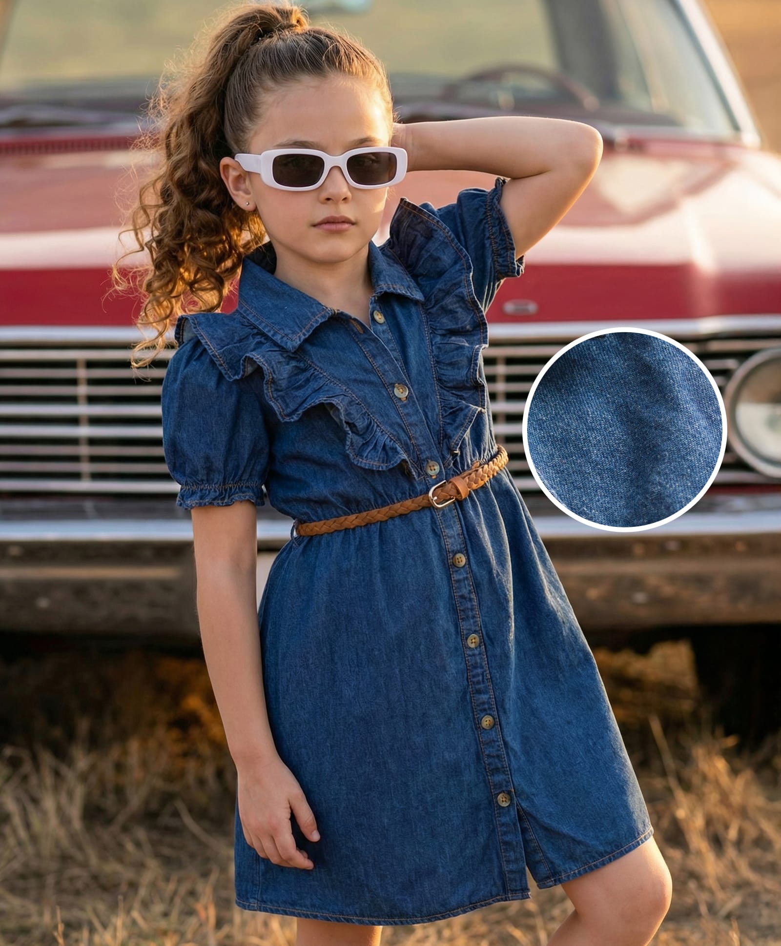 Hola Bonita Denim Half Puffed Sleeves Shirt Style Frock With Belt - Blue