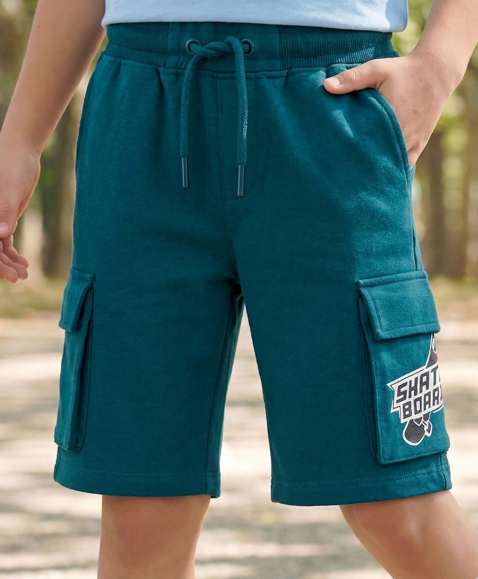 Pine Kids Looper Knit Above Knee Length Shorts With Pockets & Text Print - Teal Blue-image-5