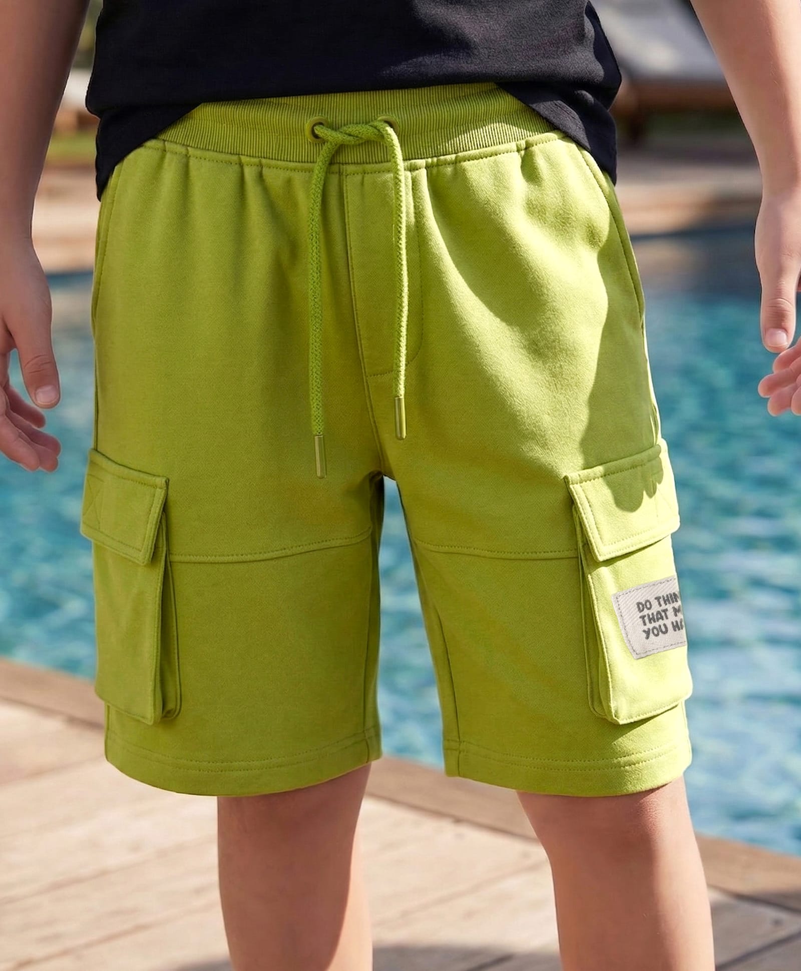 Pine Kids Looper Knit Above Knee Length Shorts With Text Badge - Olive Green-picture-23