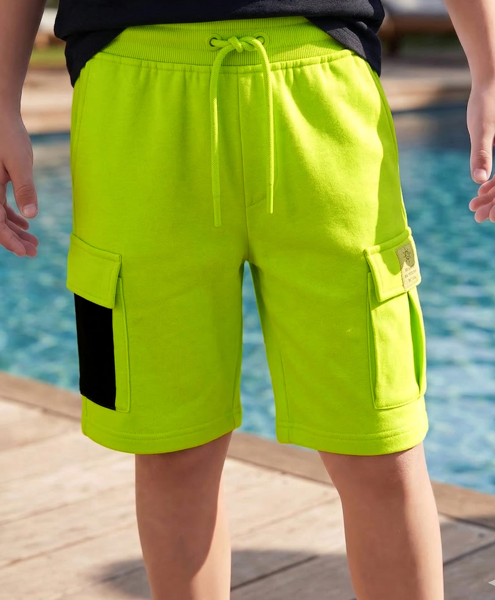 Pine Kids Looper Knit Above Knee Length Shorts With Text Badge - Lime Green-picture-21