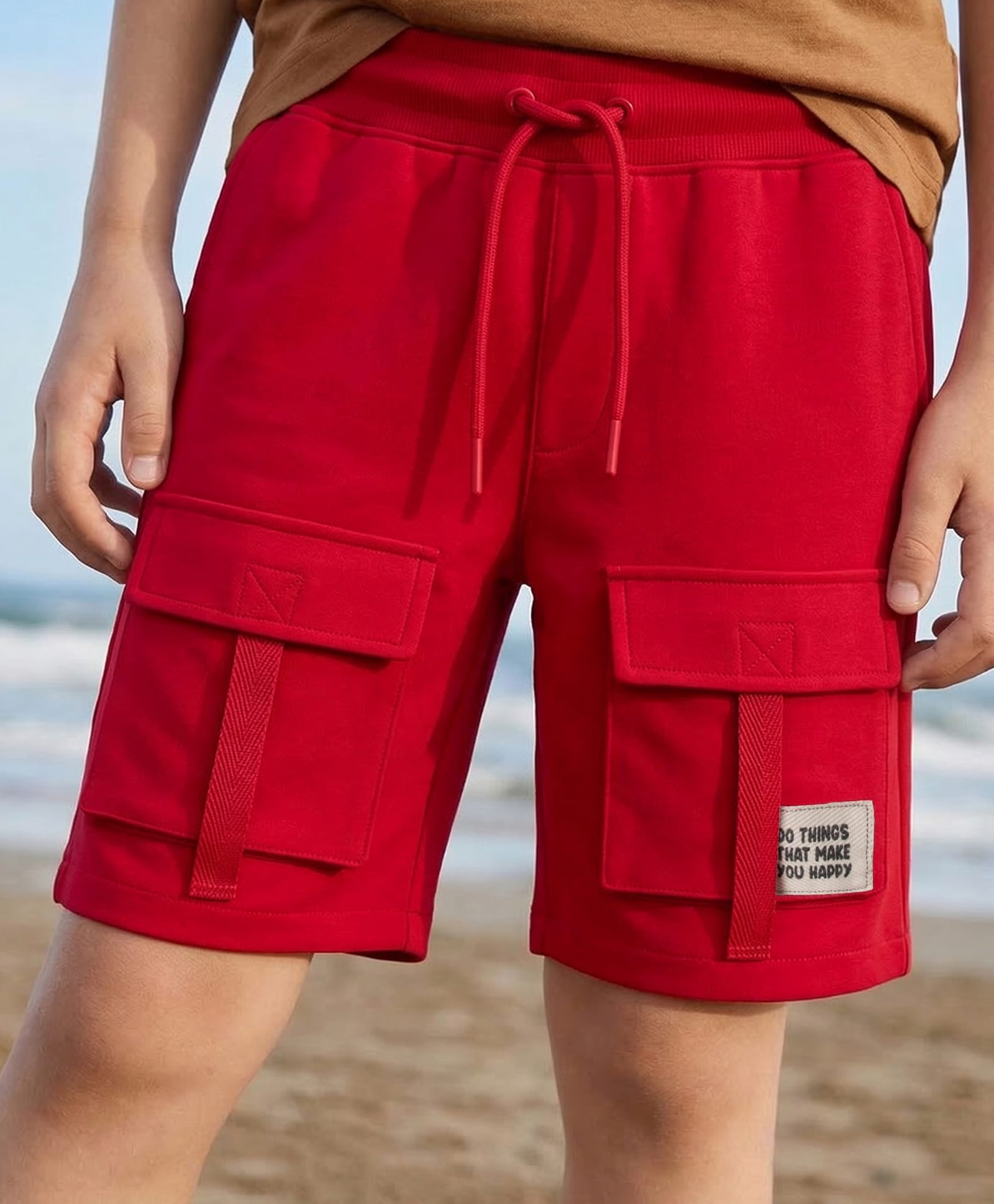 Pine Kids Looper Knit Above Knee Length Shorts With Text Badge - Light Red-picture-25