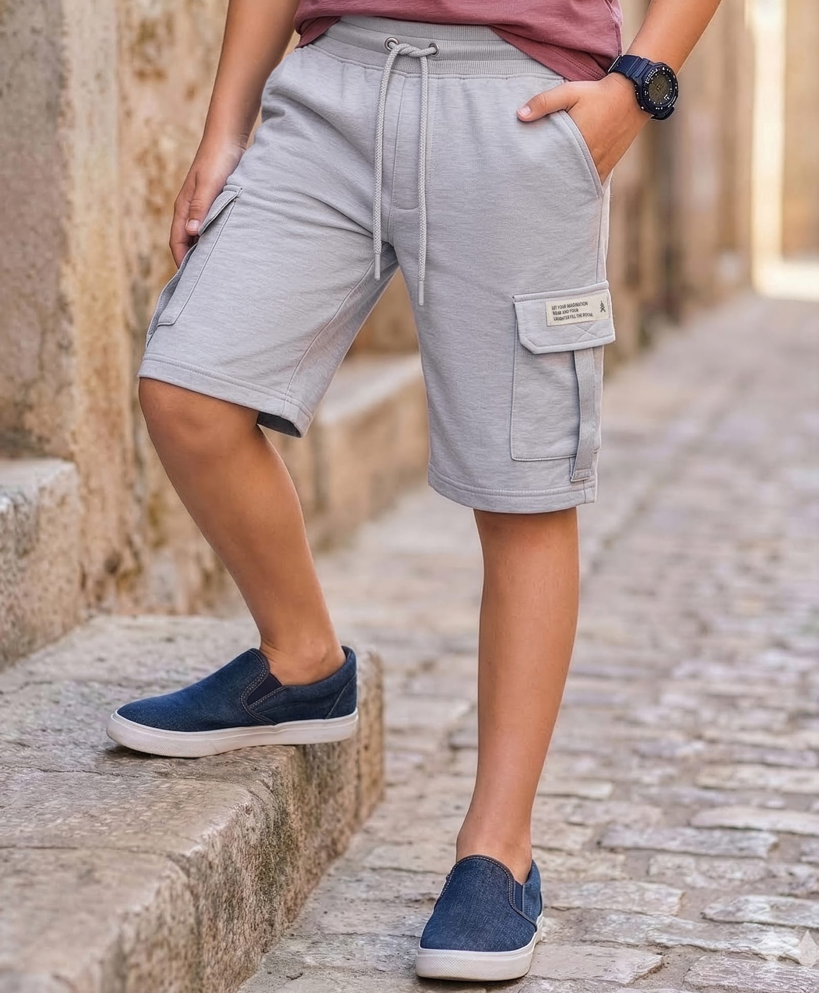 Pine Kids Looper Knit Above Knee Length Shorts With Text Badge - Grey-picture-19