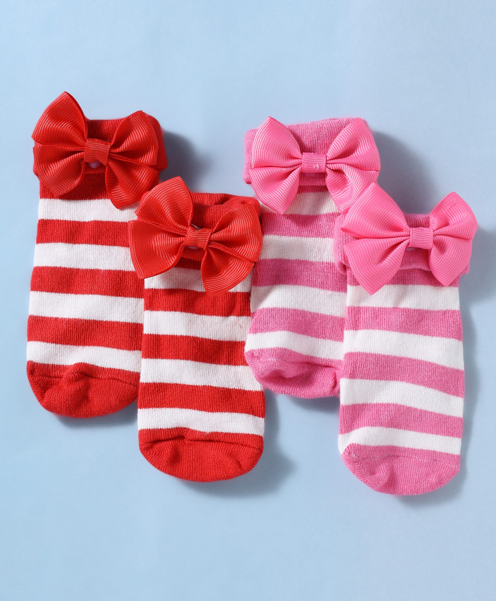 Babyoye 100% Bamboo Knit Ankle Length Striped Anti Skid Socks With Bow Applique Pack Of 2 - Pink & Red-image-13