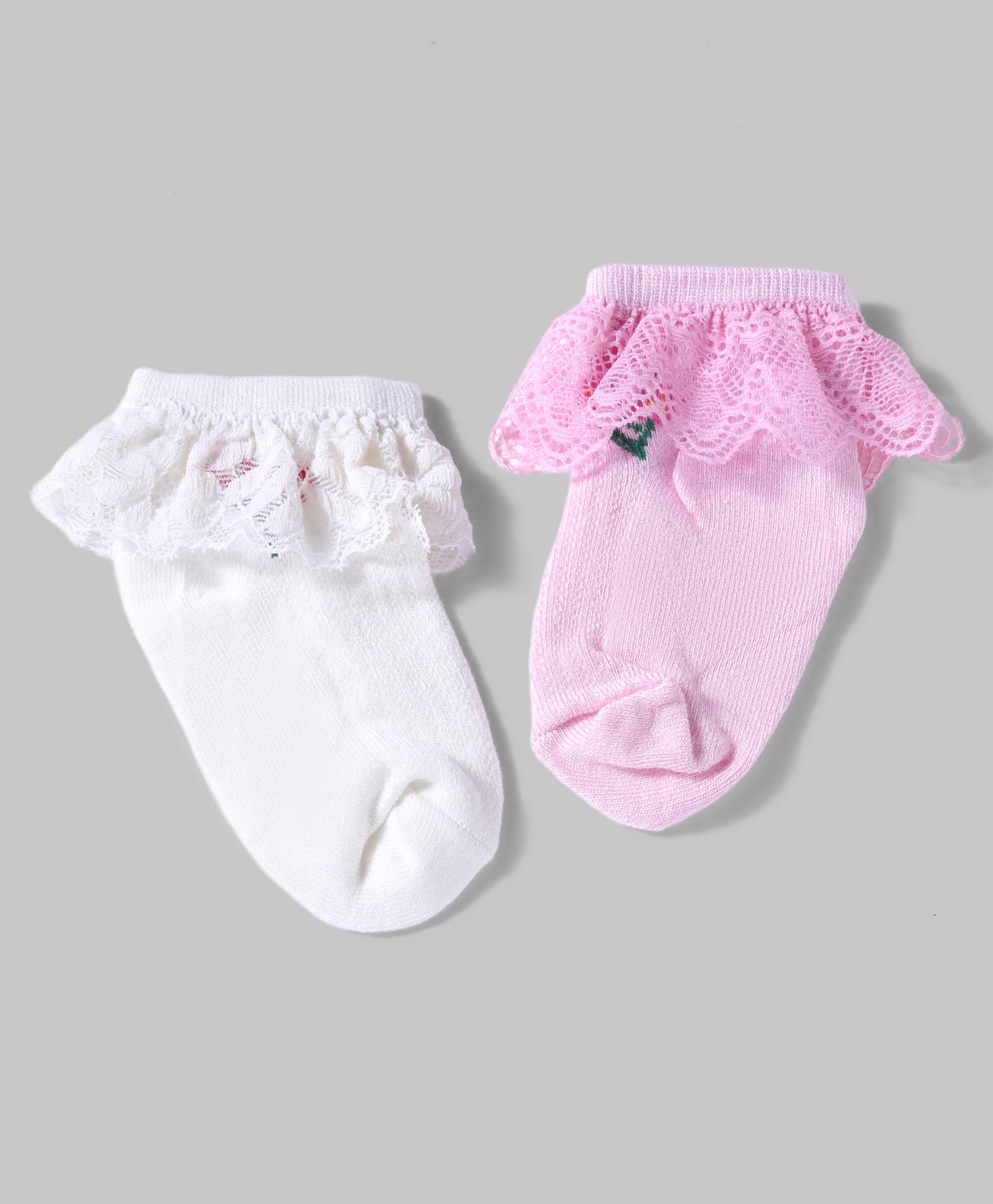 Babyoye 100% Bamboo Knit Ankle Length Solid Colour Socks With Lace Embroidered Pack Of 2 - Pink & White-image-39