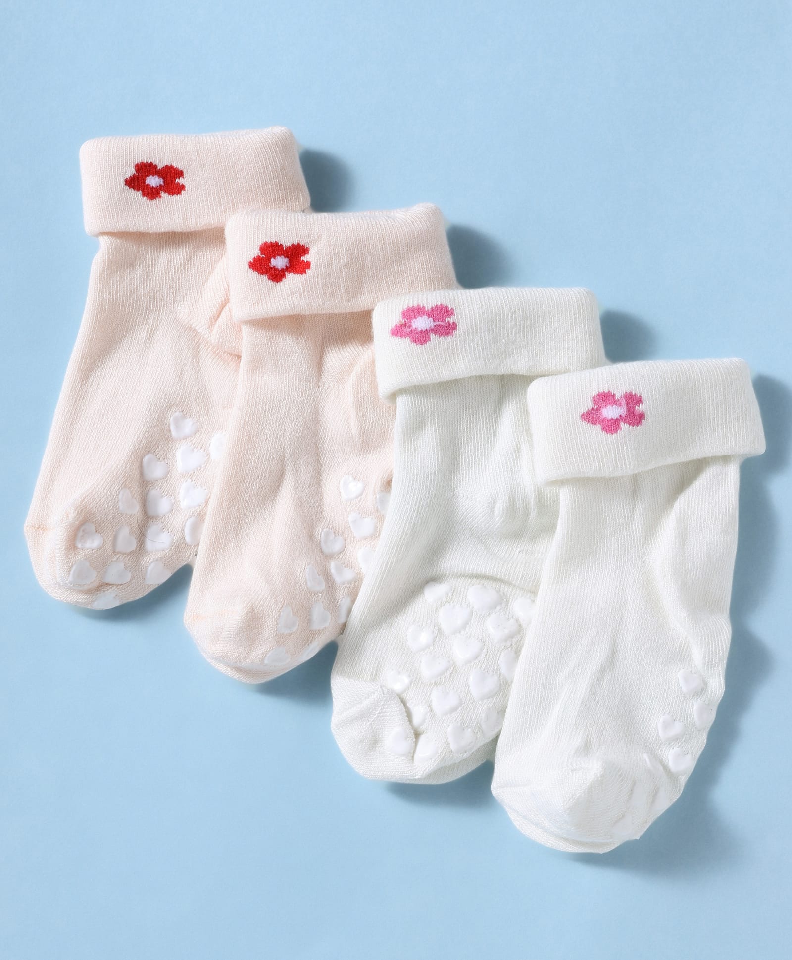 Babyoye 100% Bamboo Knit Ankle Length Solid Colour Anti Skid Socks With Floral Design Pack Of 2 - Pink & White-image-34