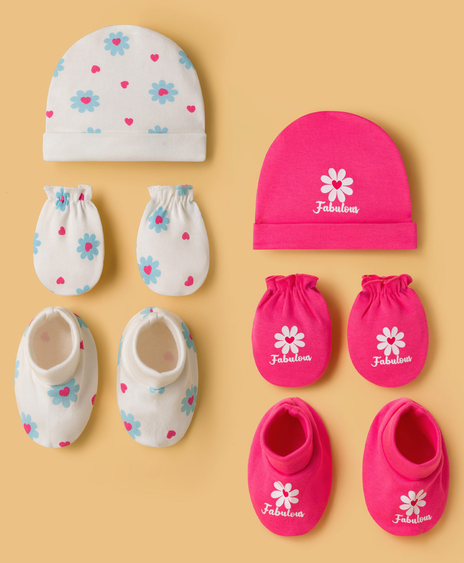 Doodle Poodle 100% Cotton Interlock Knit Cap Mittens & Booties Set with Floral Print Pack of 2 Pink & White - Diameter 19 cm-image-9
