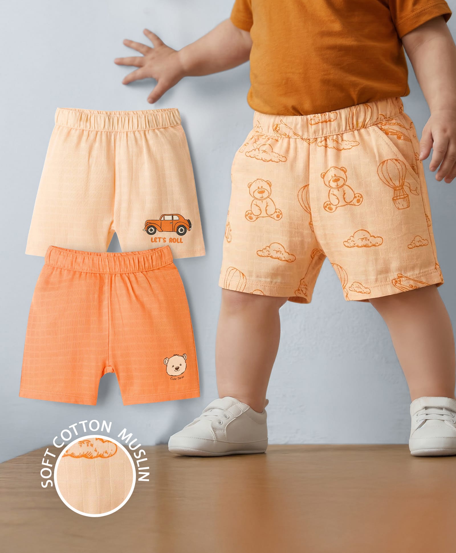 Babyoye 100% Cotton Knit Shorts With Animal Print Pack Of 3 - Orange-image-21