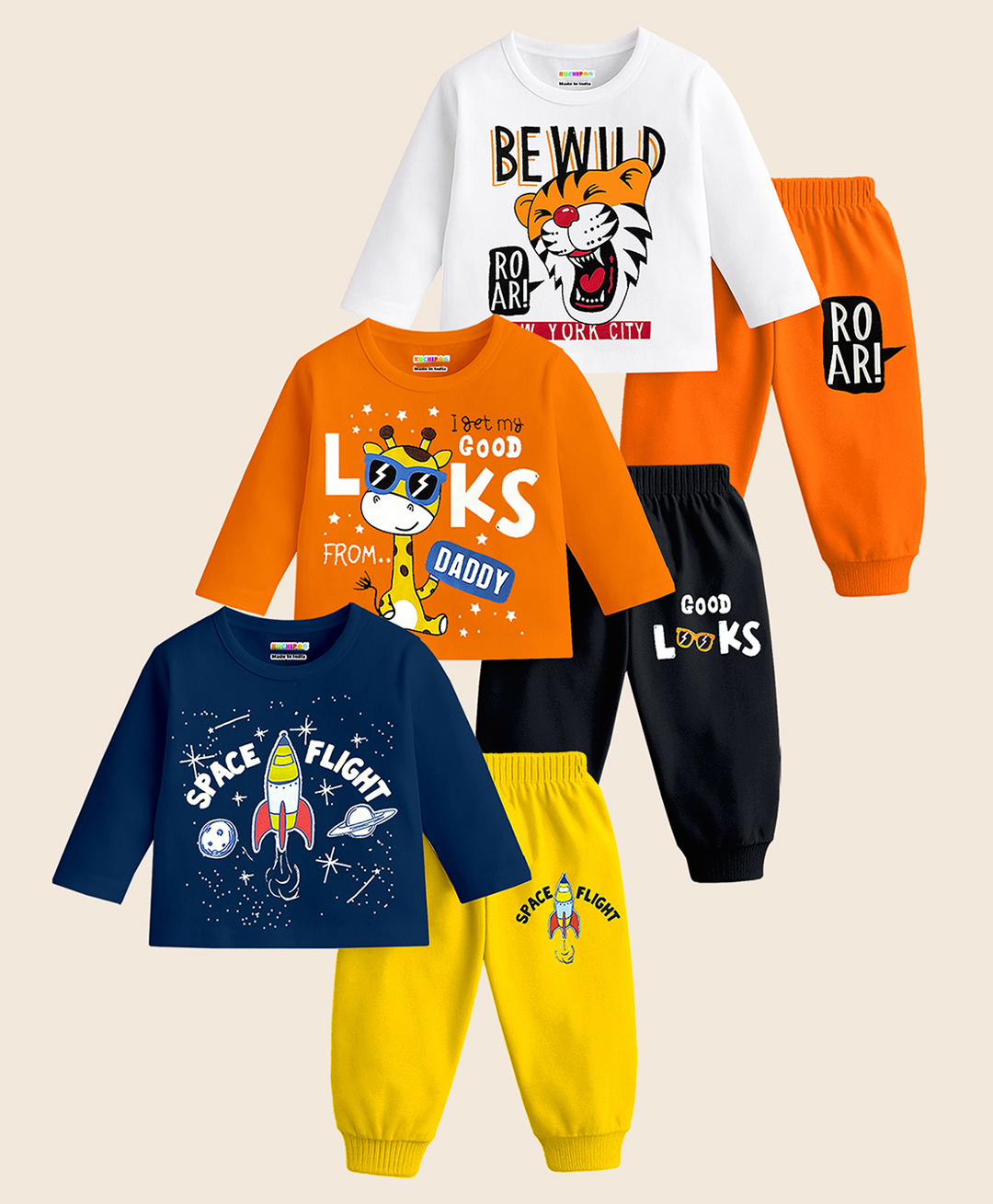 KUCHIPOO Cotton Knit Pack Of 3 Full Sleeves Baby Animals & Space Theme Printed Tees & Joggers Set - Navy Blue Orange White Yellow & Black-image-4