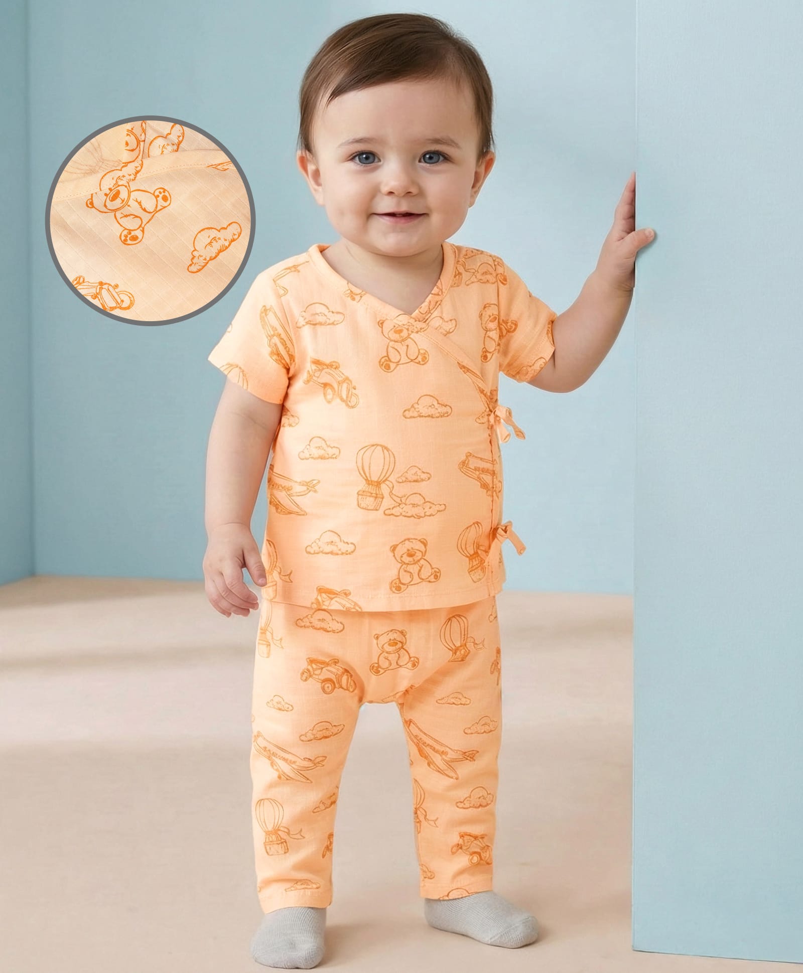 Babyoye Muslin Woven Half Sleeves Co-ords Night Suit with Vehicle Print - Light Orange-image-20