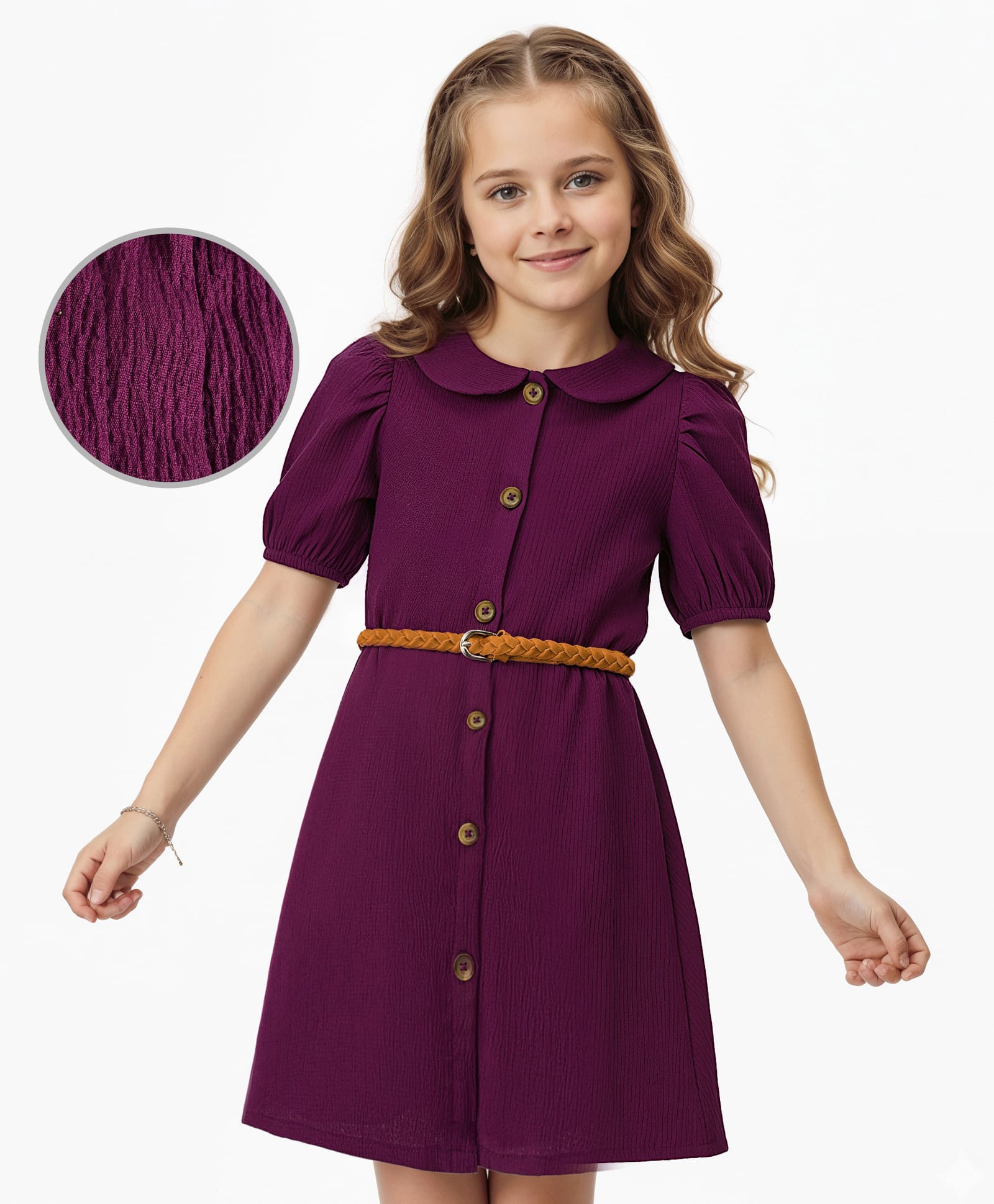 Hola Bonita Knit Half Sleeves Texture Solid Color Dress With Belt - Purple-image-19