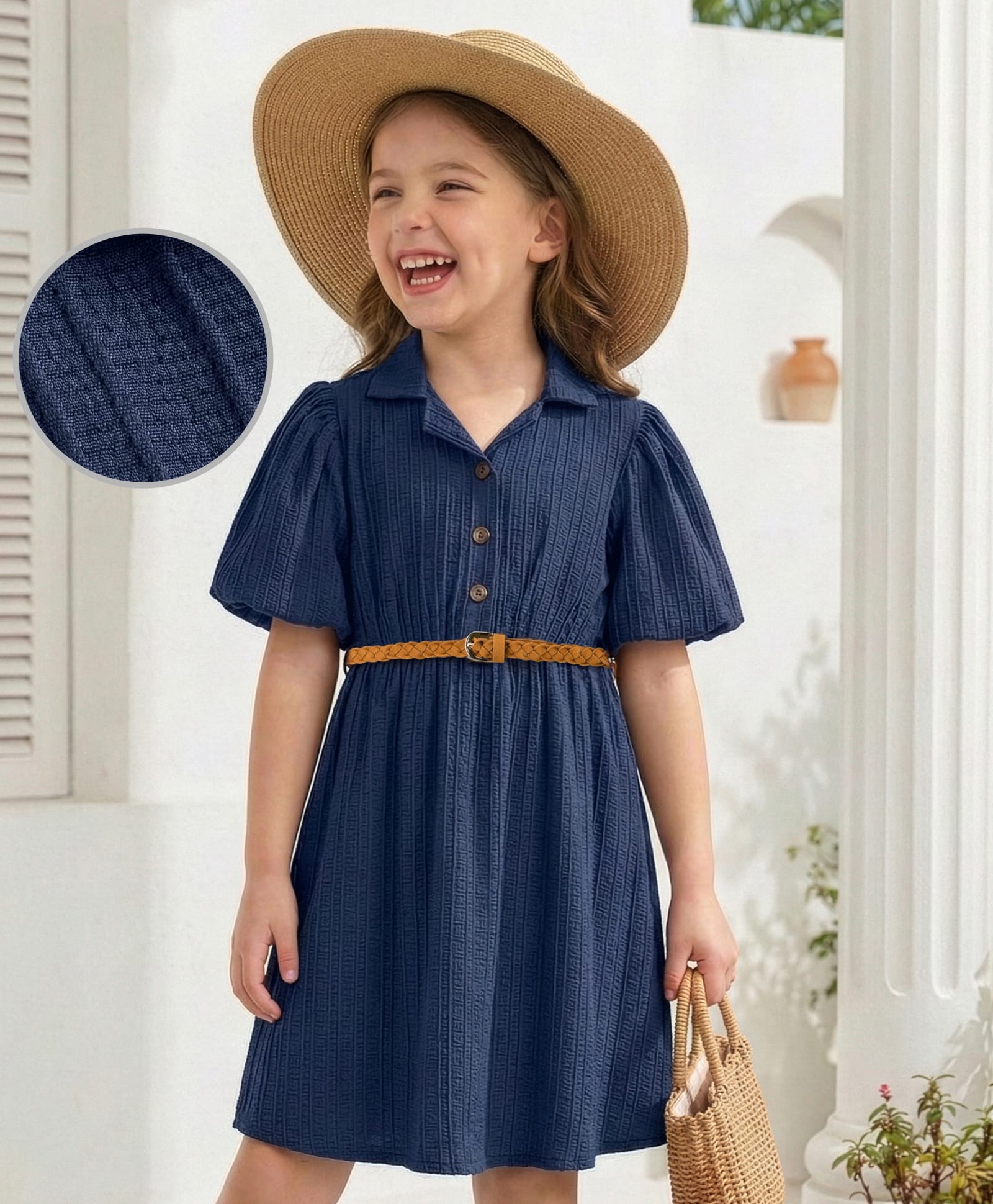 Hola Bonita Knit Half Flutter Sleeves Solid Color Textured Dress & Belt - Navy Blue-image-47