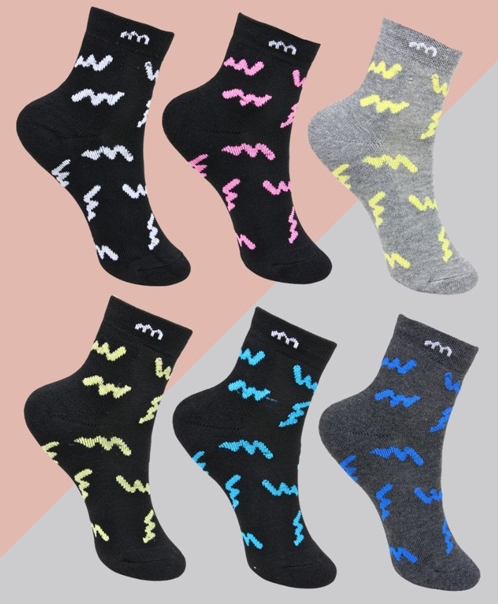 Neska Moda Pack Of 6 Cotton Zig Zag Printed Ankle Socks - Black & Grey-picture-37