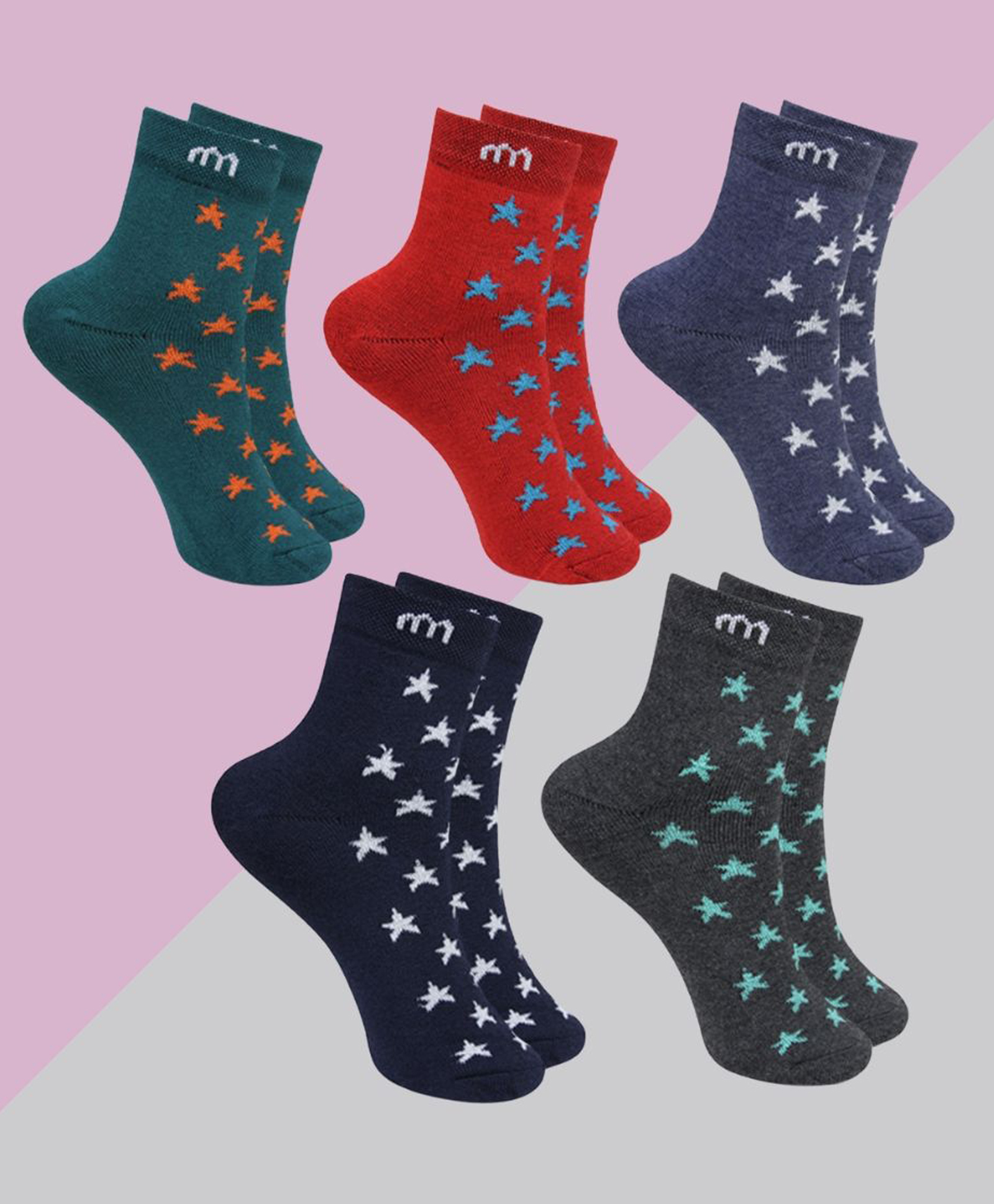 Neska Moda 5 Pairs Cotton Elastane Stars Printed Ankle Socks - Multi Colour-picture-15