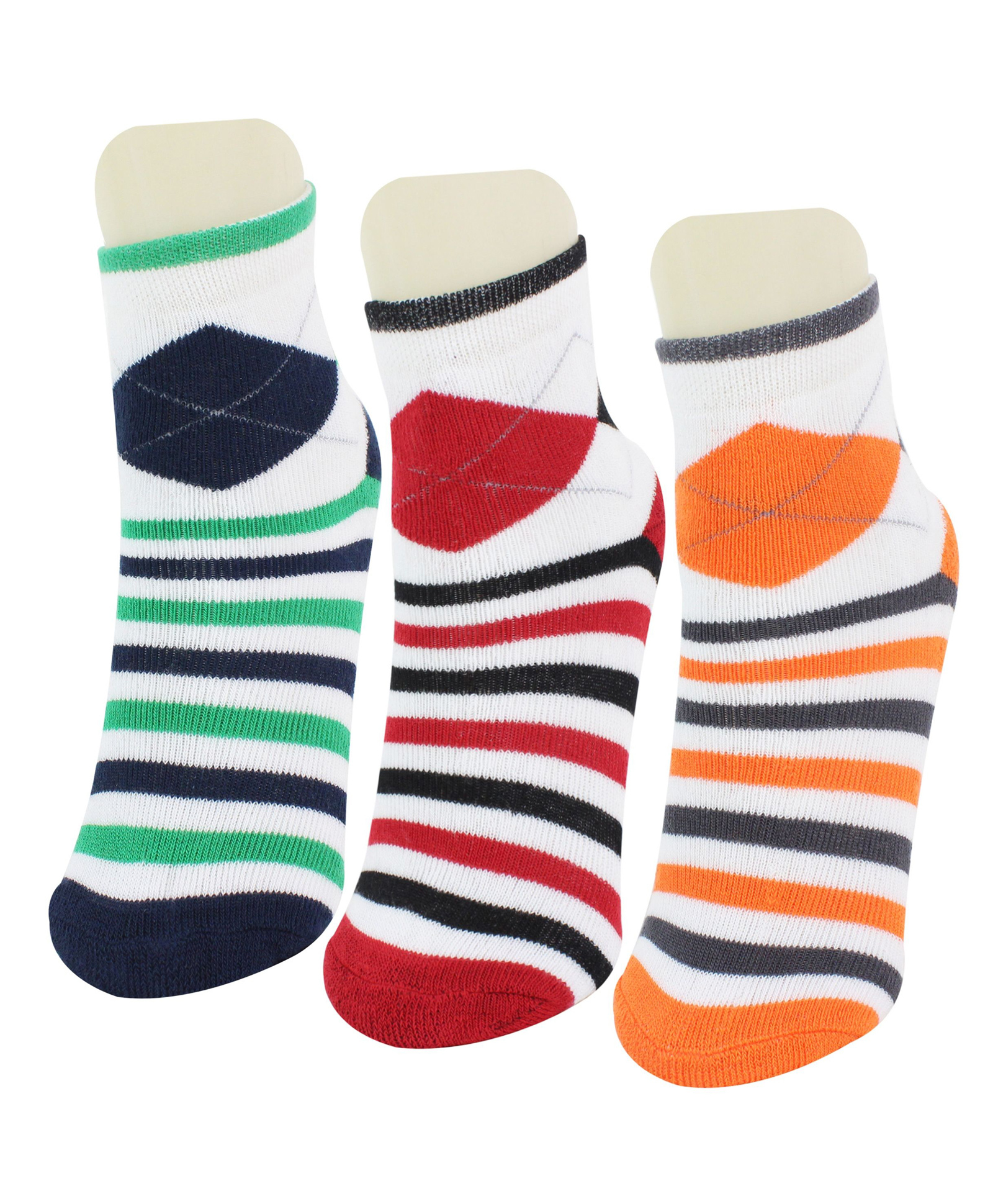 Neska Moda Pack Of 3 Cotton Elastane Striped Ankle Socks - Red & Green & Orange-image-25