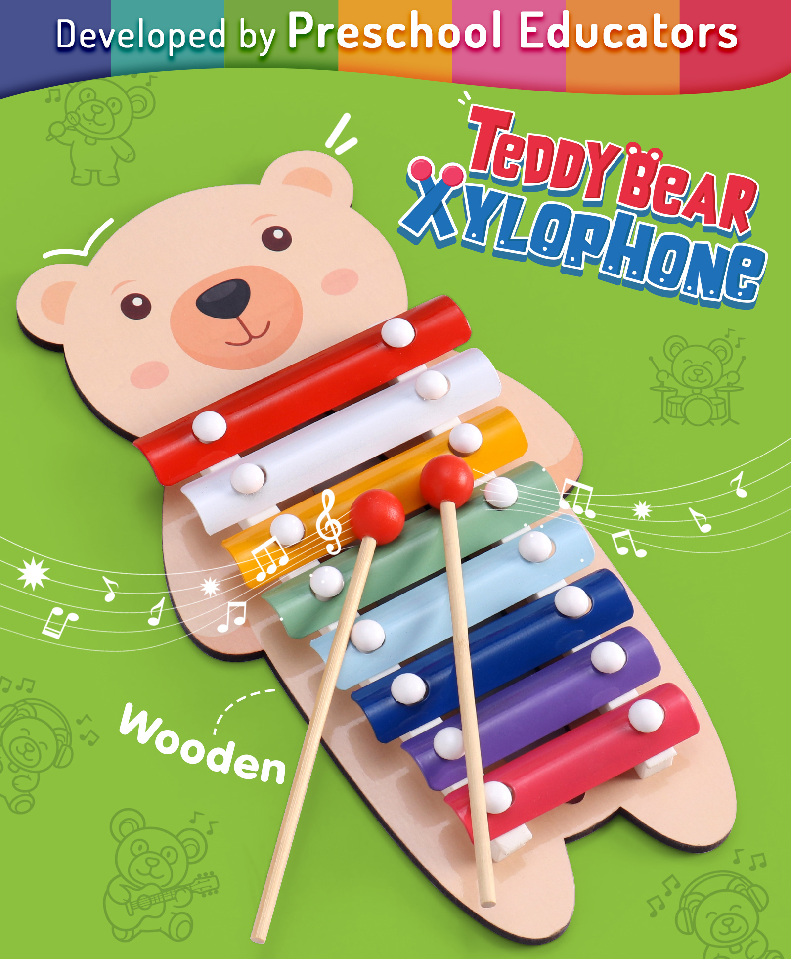 Intelliskills Premium Wooden Teddy Bear Xylophone | Colourful 8-Key Musical Toy for Kids | Includes 2 Mallets (Sticks) | Early Learning Development | Educator Recommended |BIS Certified |For Gifting-image-17
