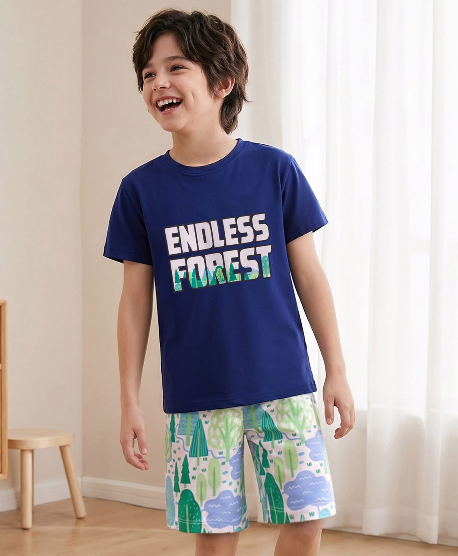 Pine Kids Single Jersey Knit Half Sleeves T-Shirt & Shorts Night Suit With Forest Print - Navy Blue-picture-15
