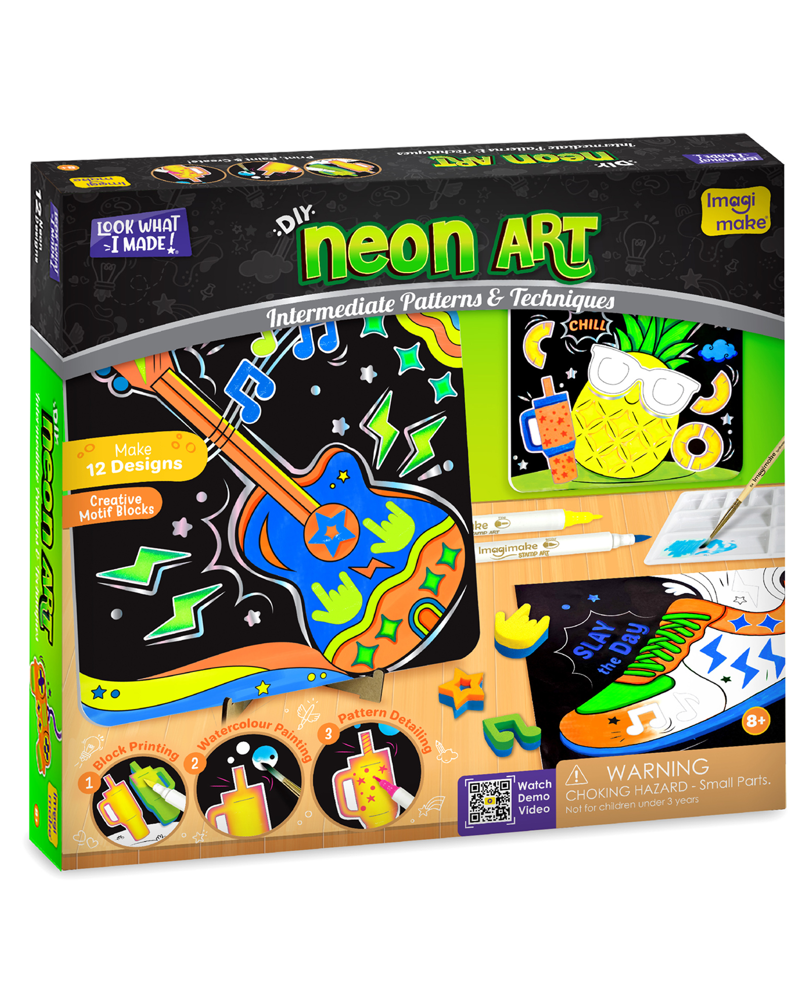 Imagimake DIY Neon Art Kit Painting & Coloring Kit with Neon Brush Pens & Stamps - Navy Blue