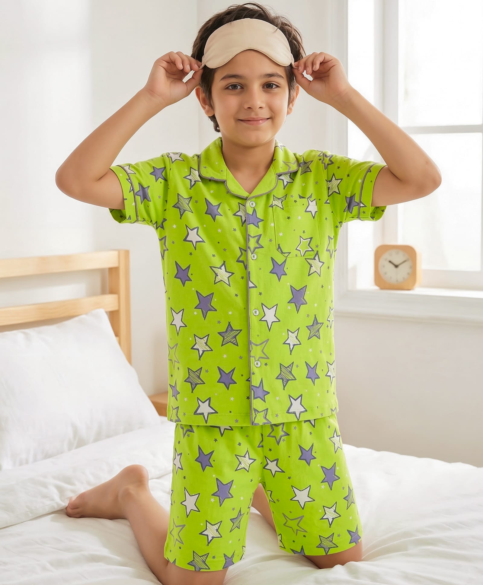 Pine Kids Single Jersey Knit Half Sleeves Shorts Night Suit With Star Print - Lime Green-image-45