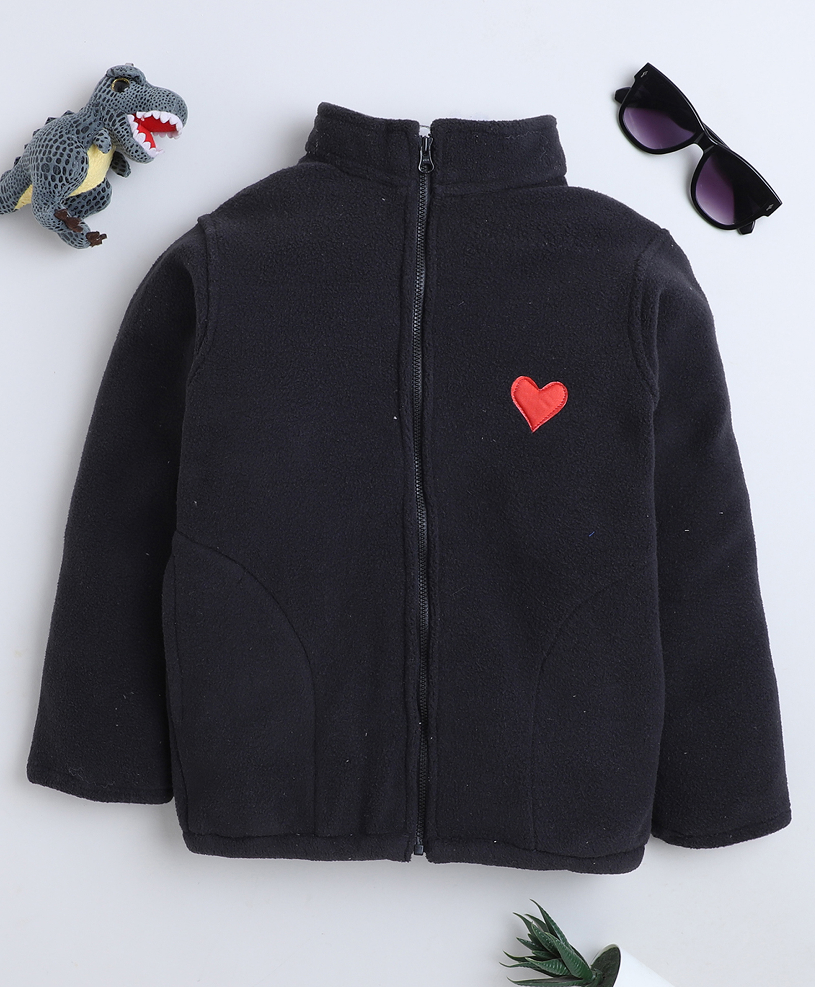 BAATCHEET Fleece Knit Full Sleeves Heart Patch Detailed Light Winter High Neck Jacket - Black-image-41