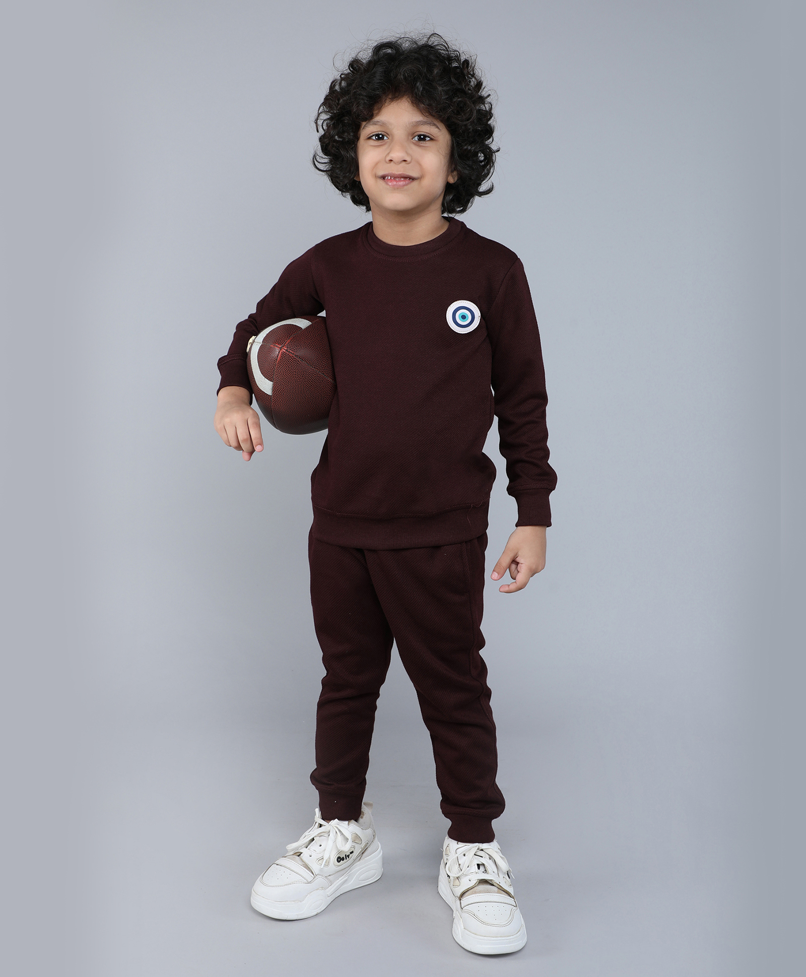 BAATCHEET Knitted Knit Full Sleeves Evil Eye Patch Detailed Light Winter Sweatshirt & Pant Set - Maroon-image-15