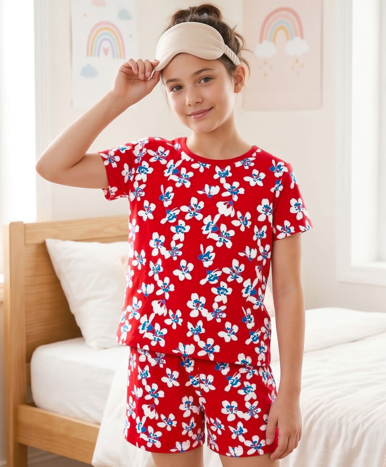 Pine Kids Single Jersey Knit Half Sleeves Shorts Co-ord Night Suit With Floral Print - Red-picture-11
