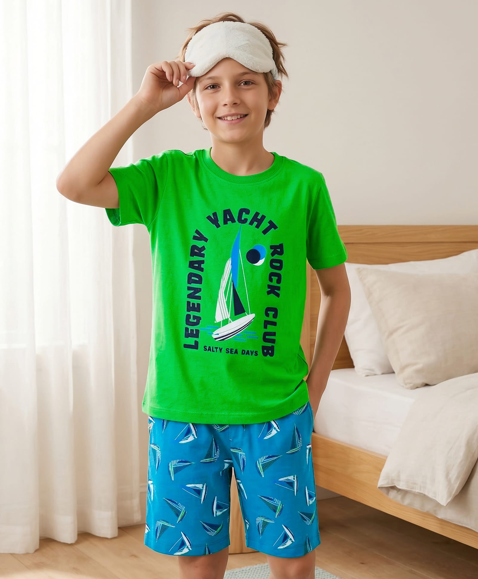 Pine Kids Single Jersey Knit Half Sleeves T-Shirt & Shorts Night Suit with Yacht Print - Green-picture-37