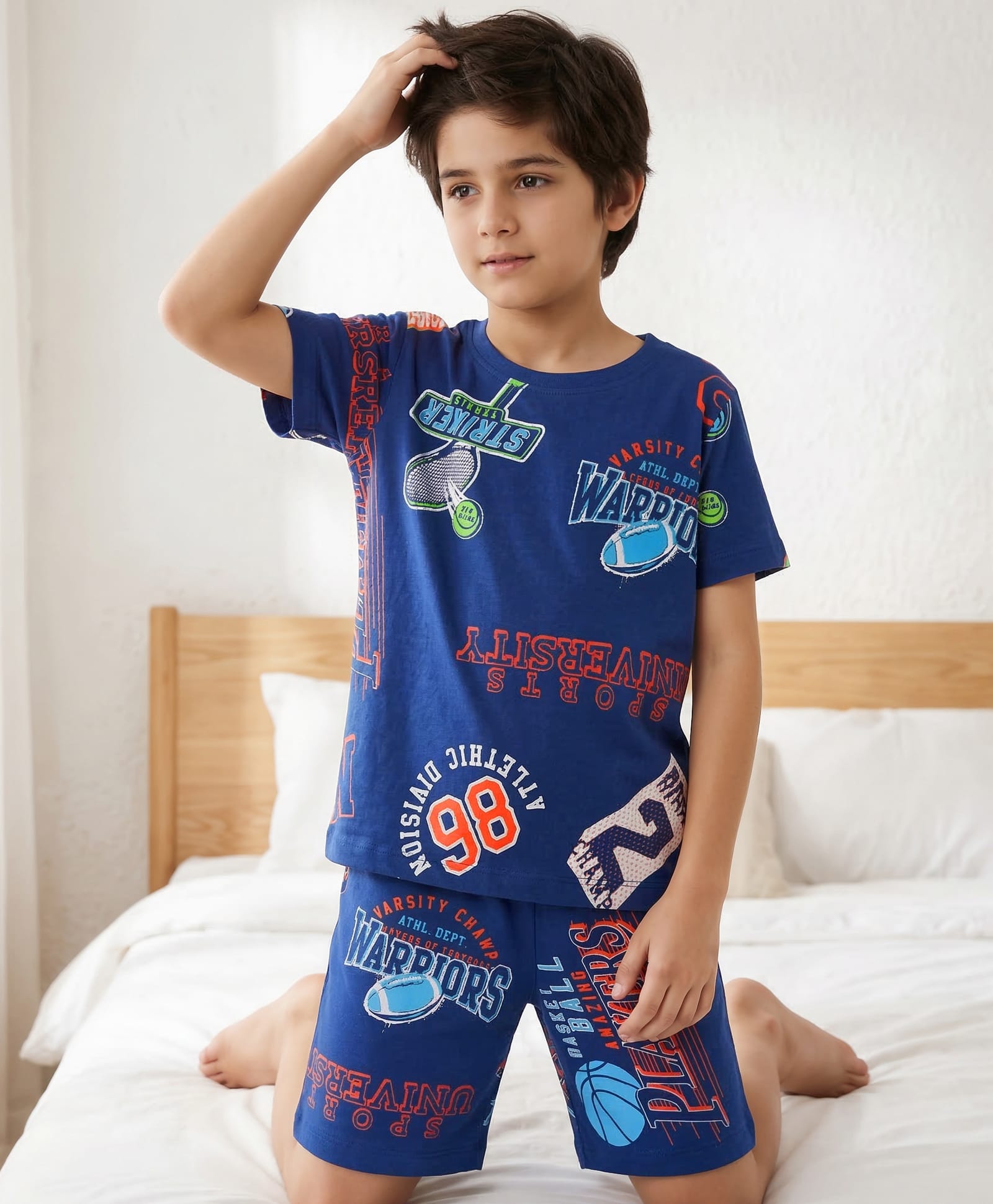 Pine Kids Single Jersey Knit Half Sleeves Shorts Co-ord Night Suit With Sports Print - Navy Blue-image-19