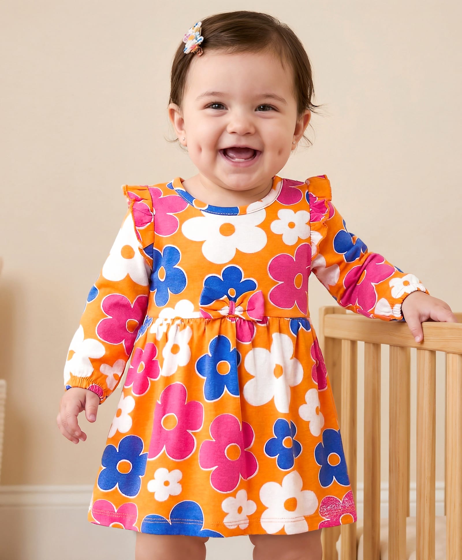 Doodle Poodle 100% Cotton Single Jersey Knit Full Sleeves Floral Printed Frock with Bloomer & Bow Applique - Orange-picture-21