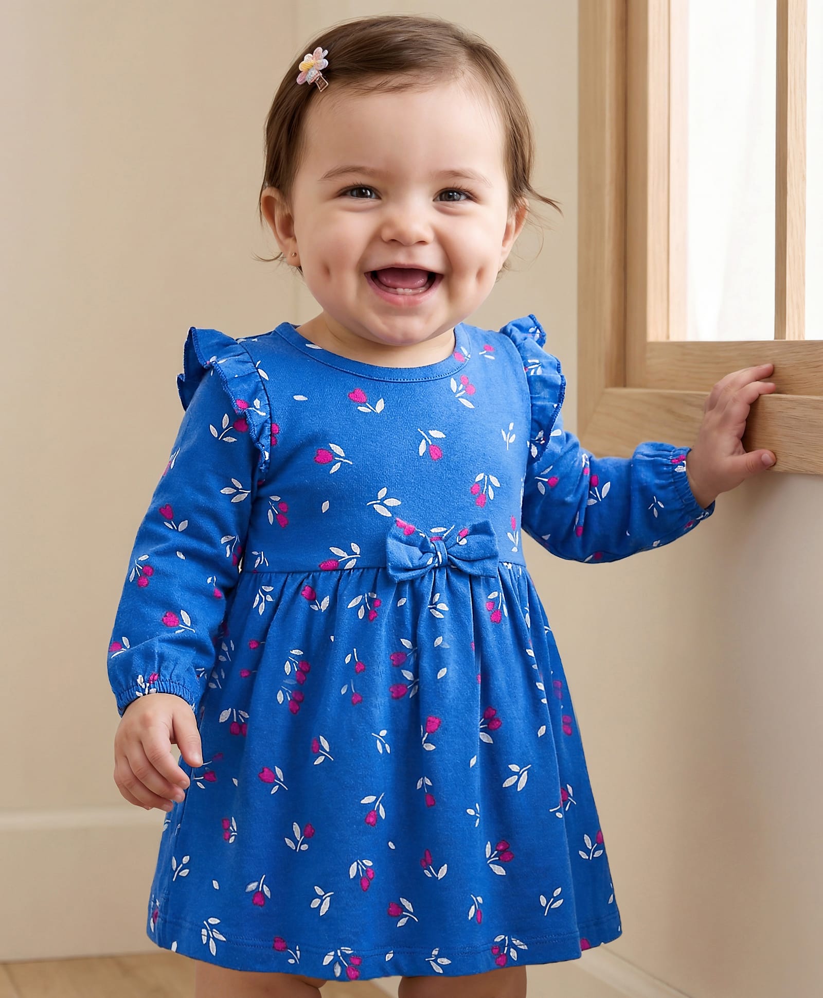 Doodle Poodle 100% Cotton Single Jersey Knit Full Sleeves Floral Printed Frock with Bloomer & Bow Applique - Royal Blue-picture-10