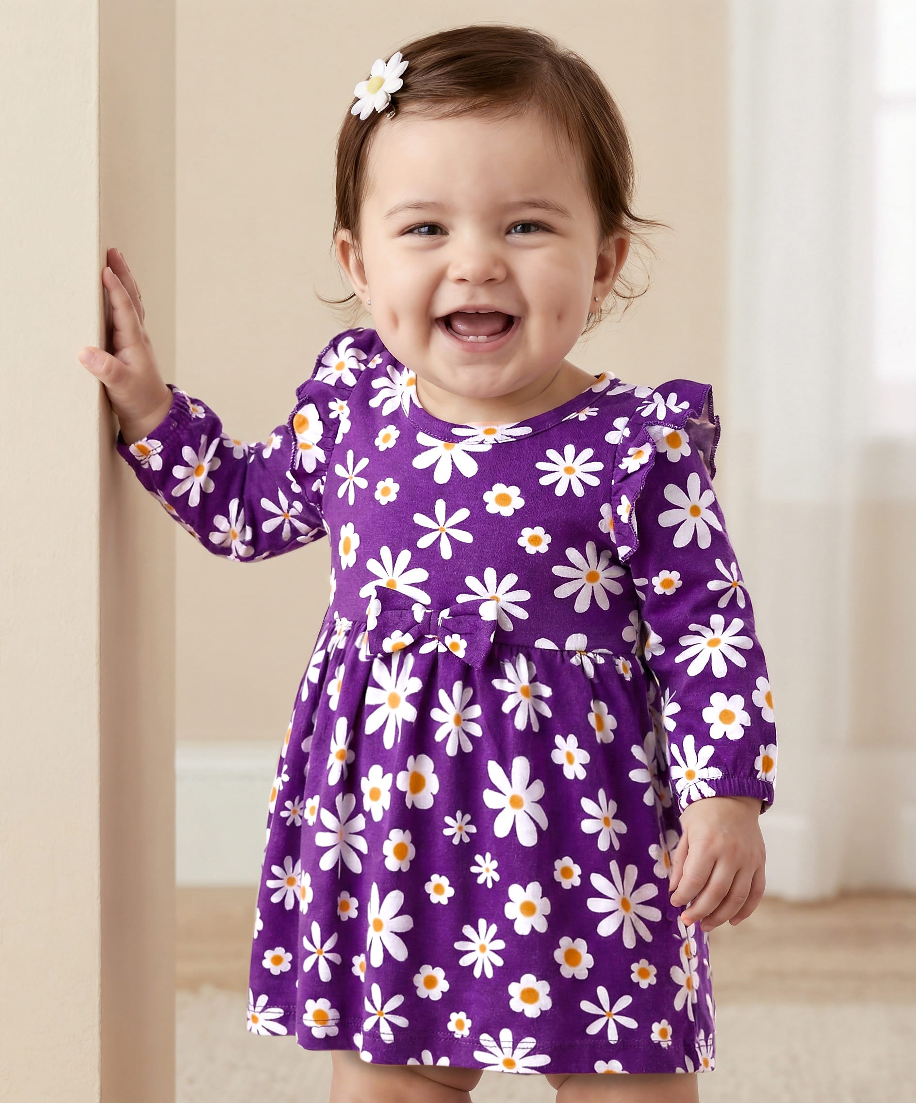 Doodle Poodle 100% Cotton Single Jersey Knit Full Sleeves Floral Printed Frock with Bloomer & Bow Applique - Purple-picture-28
