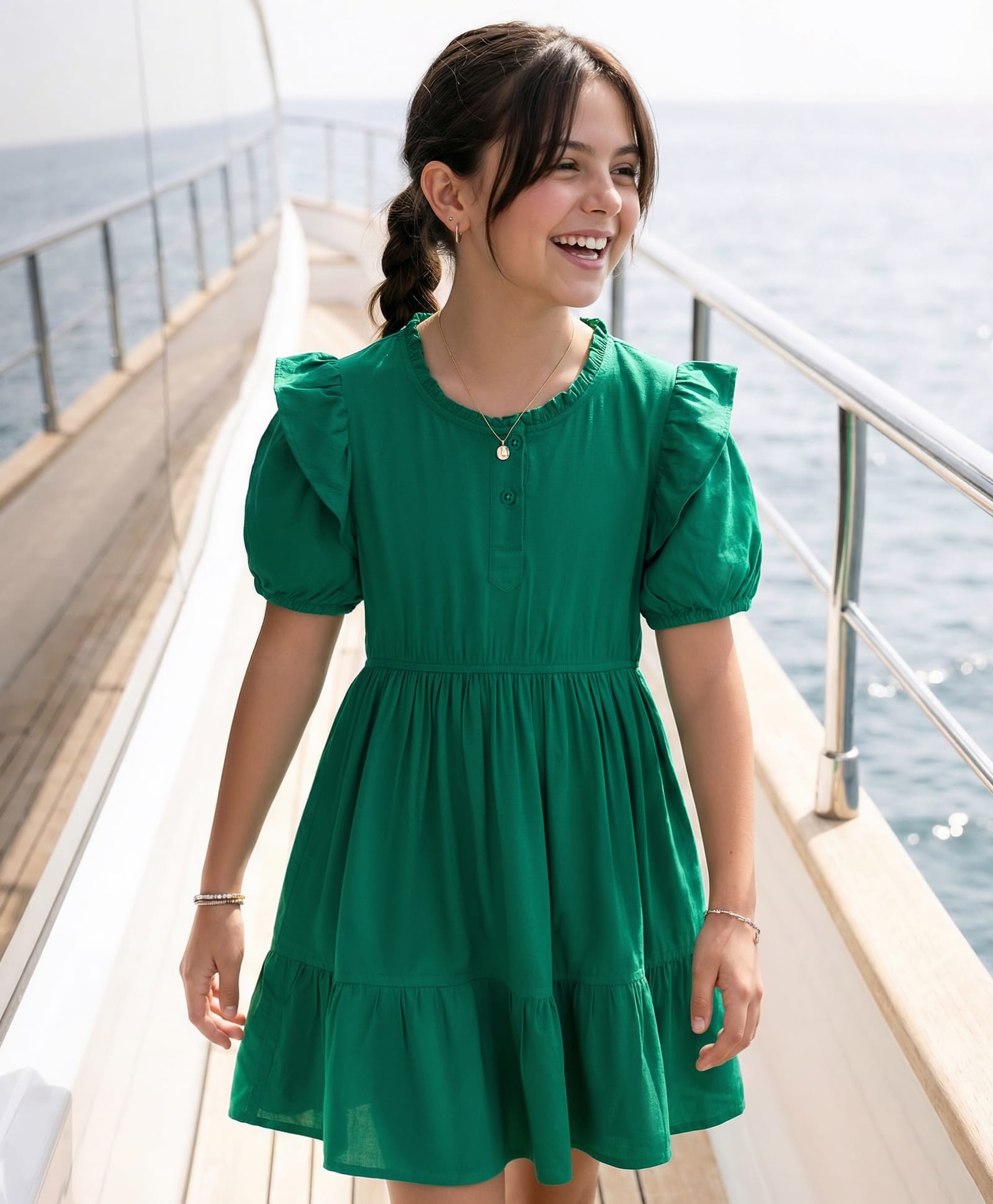 Pine Kids Woven Half Sleeves Solid Frock With Frill Detailing - Green-image-40