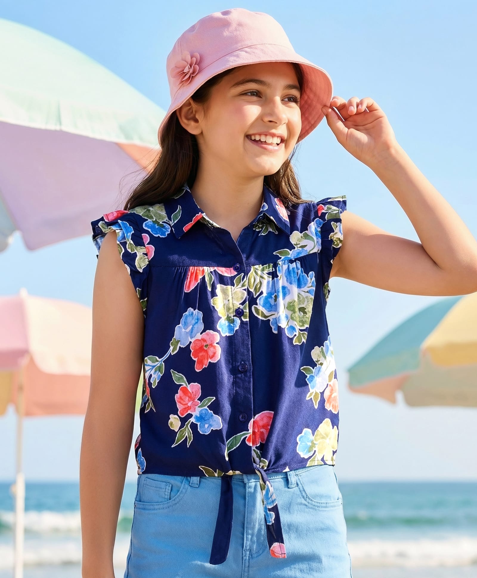 Pine Kids Woven Sleeveless Shirt Style Top With Knot & Floral Print - Navy Blue-image-21