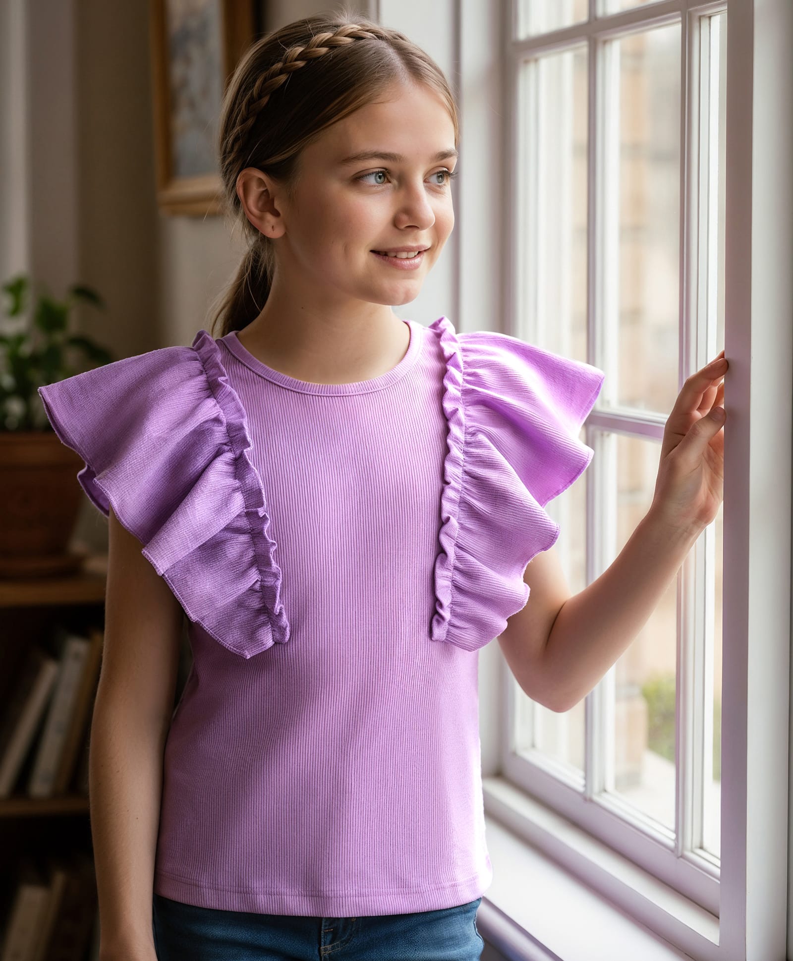 Pine Kids Cotton Knit Half Flutter Sleeves Solid Color Top - Lavender-picture-10