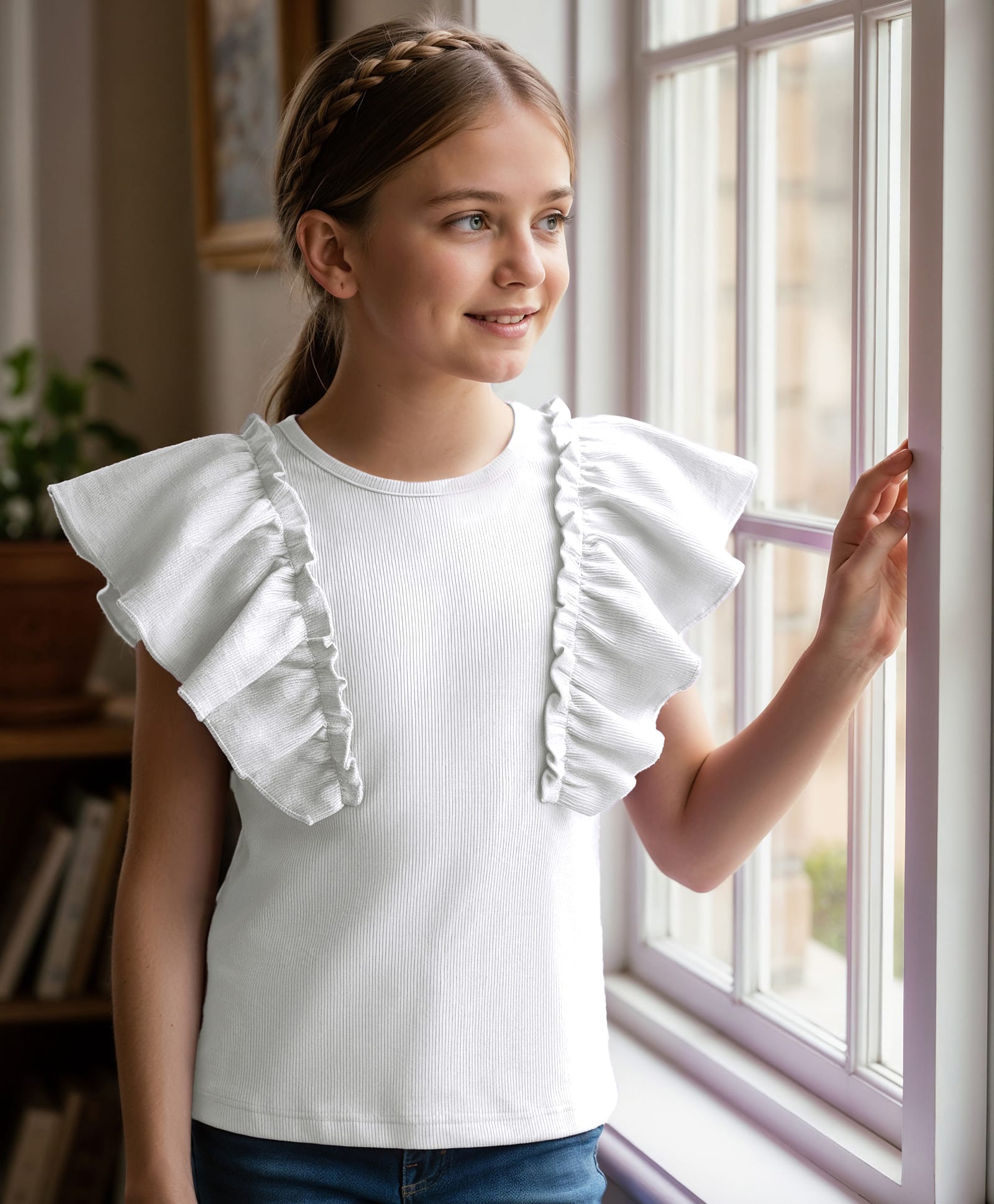 Pine Kids Cotton Knit Half Flutter Sleeves Solid Color Top - White-image-26