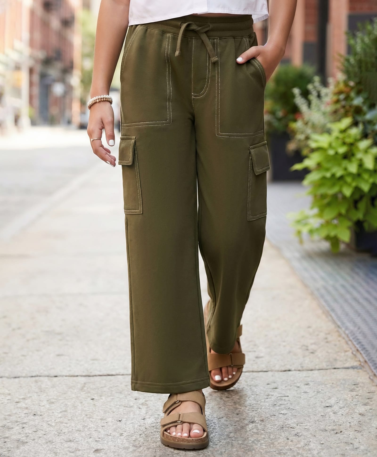 Pine Kids Knit Full Length Flared Solid Colour Track Pant With Pocket - Olive Green-image-28