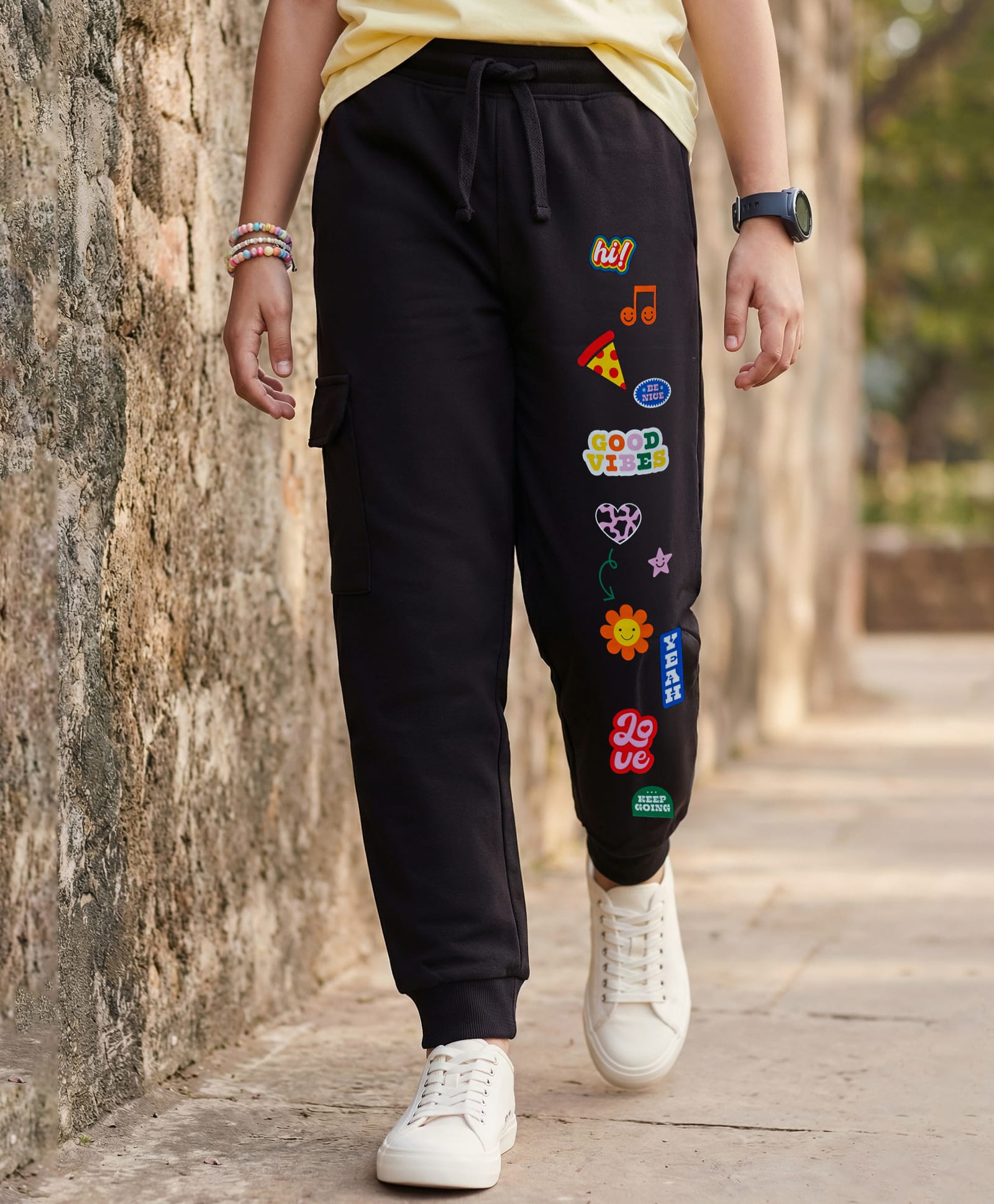 Pine Kids Knit Full Length Lounge Pant with Good Vibes Print - Black-picture-19
