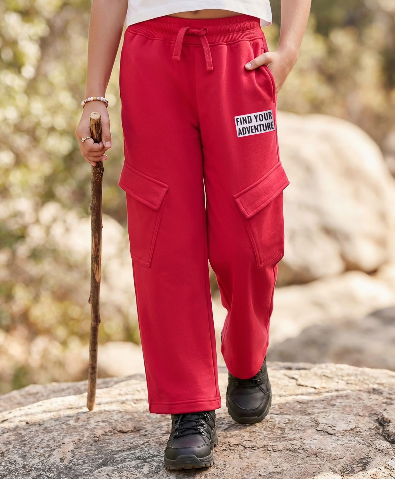 Pine Kids Knit Full Length Lounge Pant With Find Your Adventure Text Print With Pockets - Red-image-41
