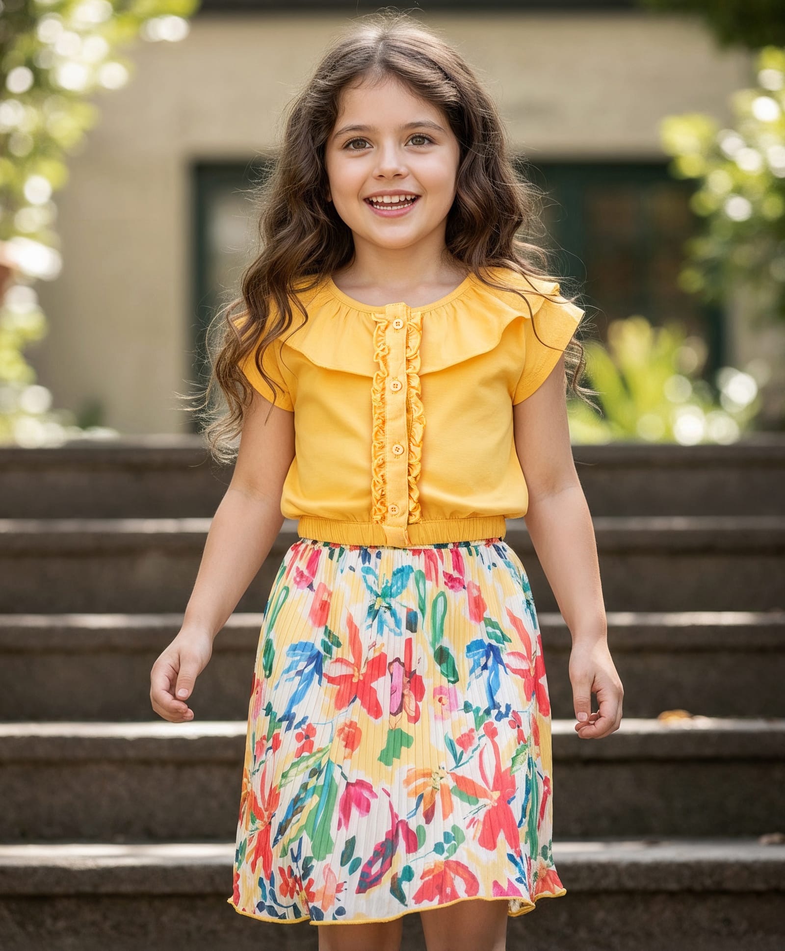OLLINGTON ST. Cotton Knit Half Sleeves Top & Printed Pleated Georgette Floral Print Skirt - Yellow & Yellow-picture-22