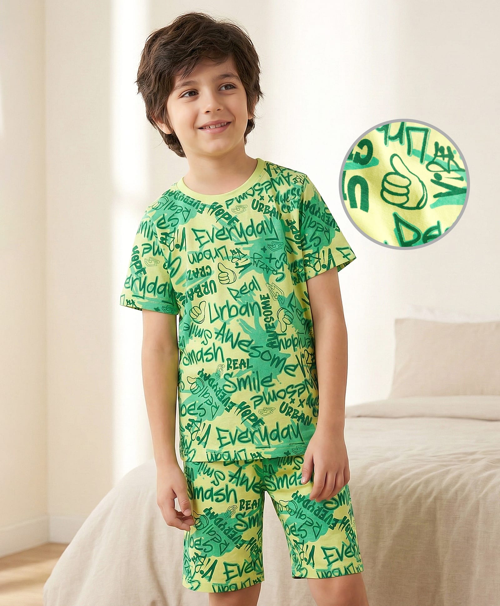Pine Kids Single Jersey Knit Shorts Night Suit With Text Print - Lime Green-picture-20