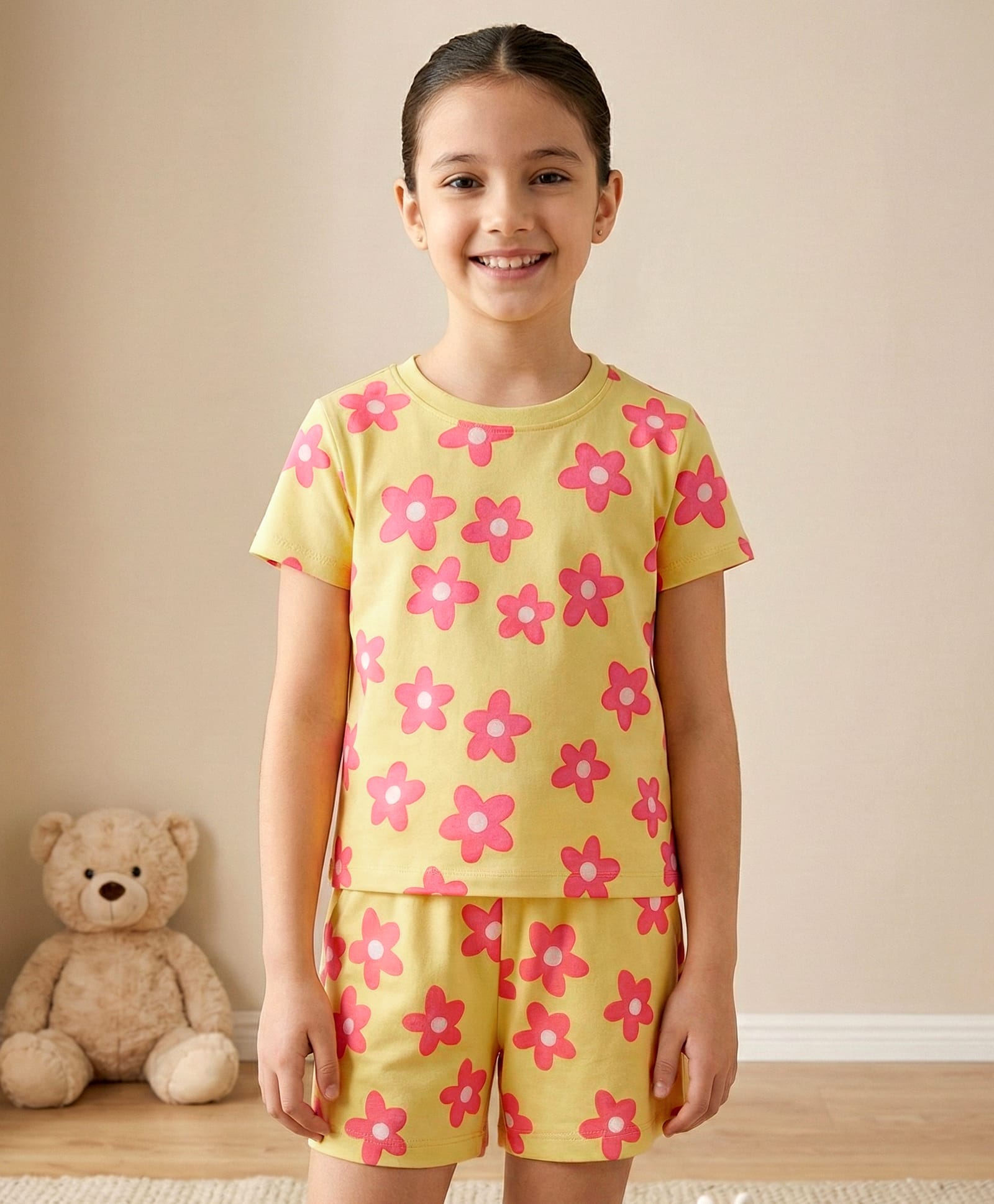 Pine Kids Single Jersey Knit Half Sleeves Co-ords Shorts Night Suit with Floral Print - Lemon-picture-17