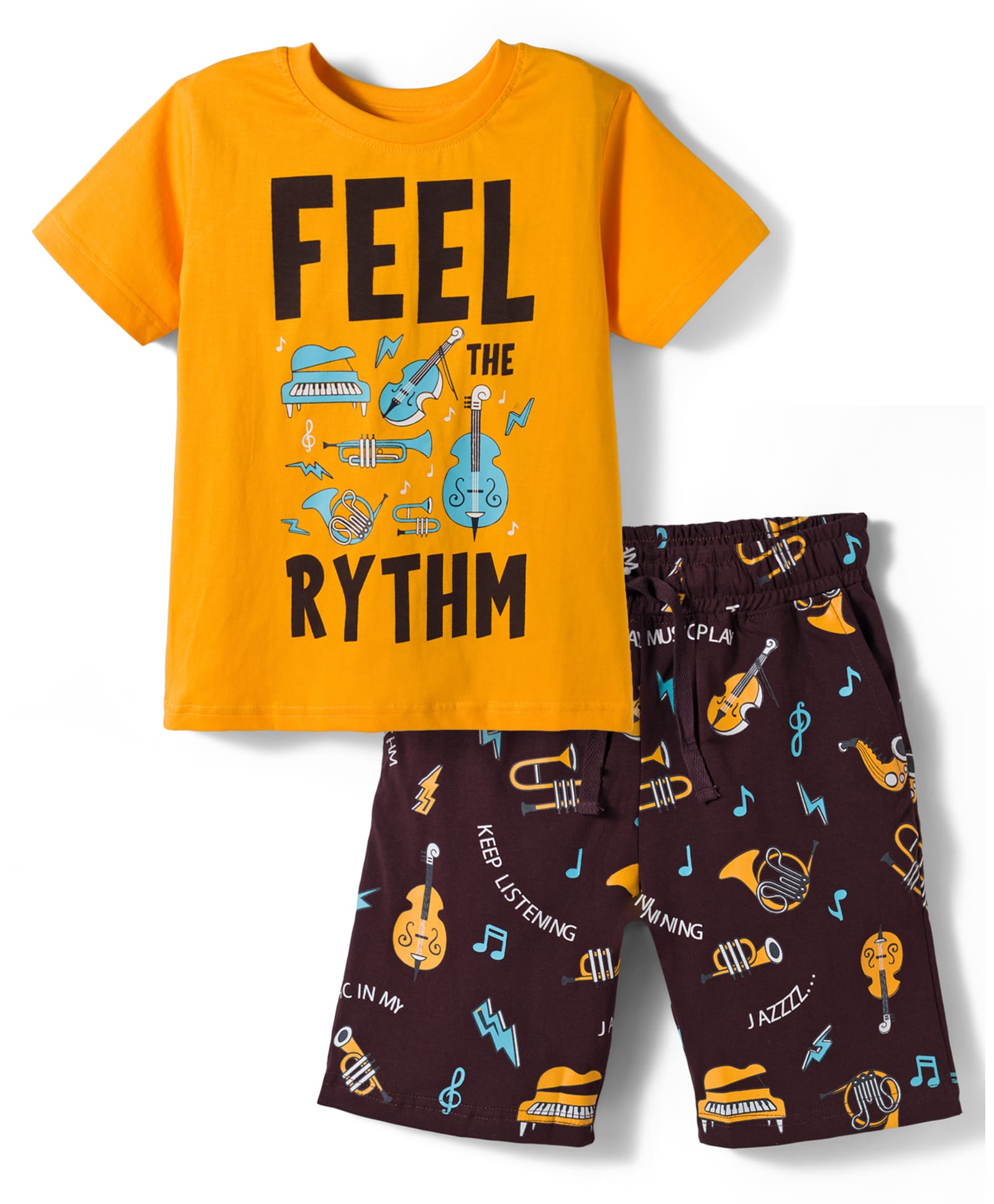 Pine Kids 100% Cotton Knit Half Sleeves Musical Theme Printed T-Shirt & Shorts Night Suit - Yellow