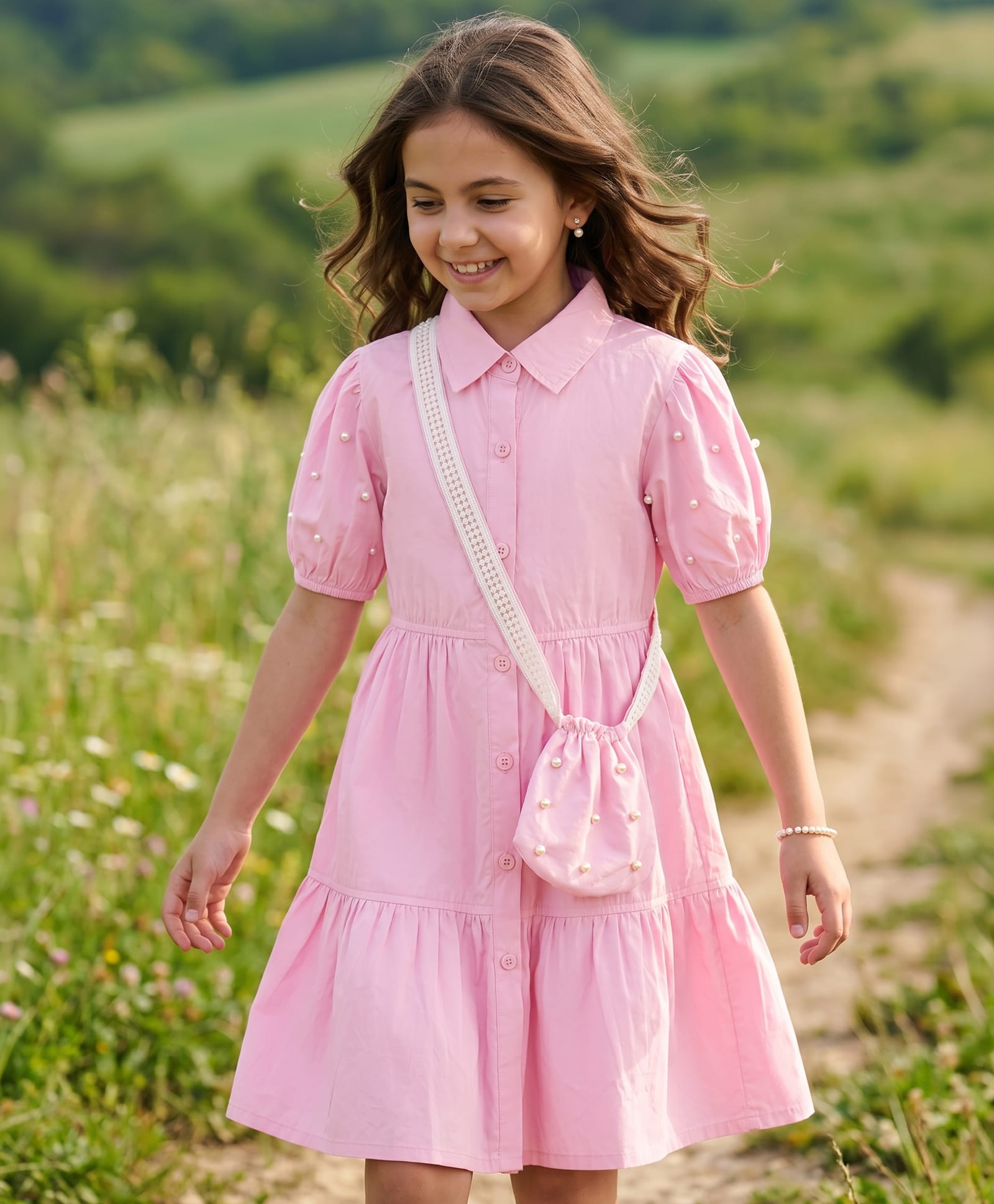 Pine Kids Woven Half Sleeves Solid Color Shirt Style Frock with Belt - Blue-picture-2