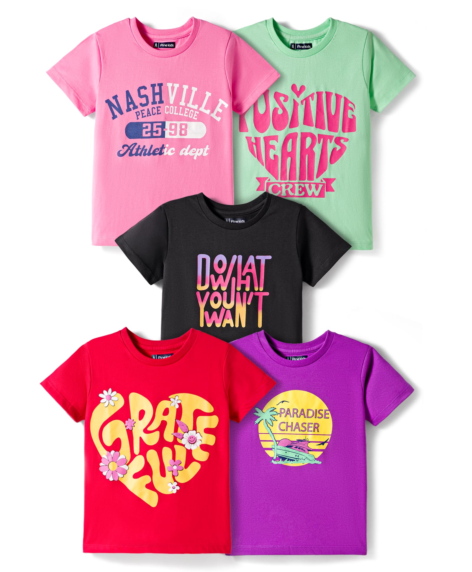 Pine Kids Cotton Knit T-Shirts with Text Print Half Sleeves Round Neck Multi Colors Pack of 5 6-7 Years-image-42