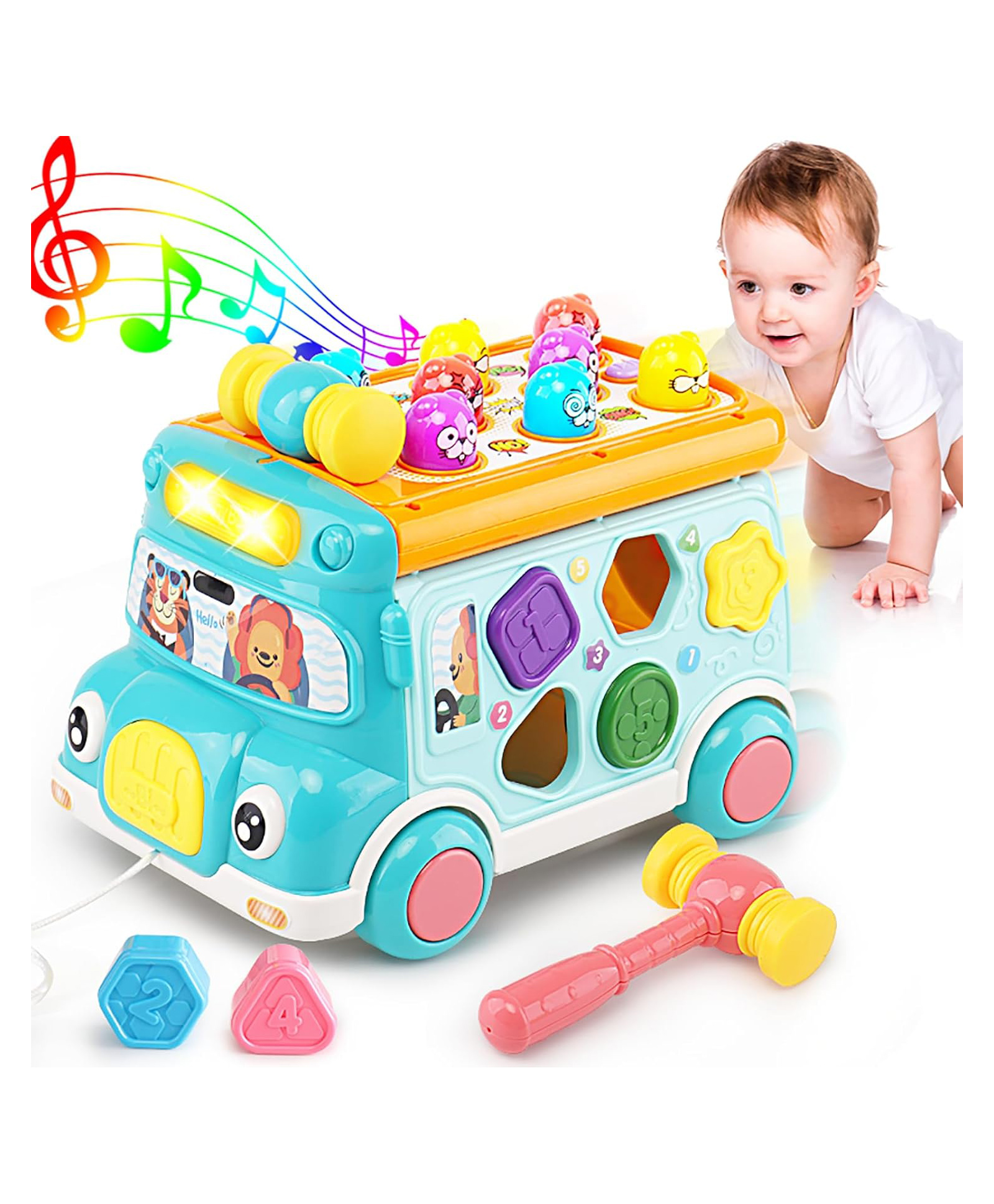 SANJARY Music Activity Bus Baby Toy, Infant Education Learn Car, Sound & Light, Interactive Game, Shape Sorter, Animal Matching Bus Color Design May Vary-image-6