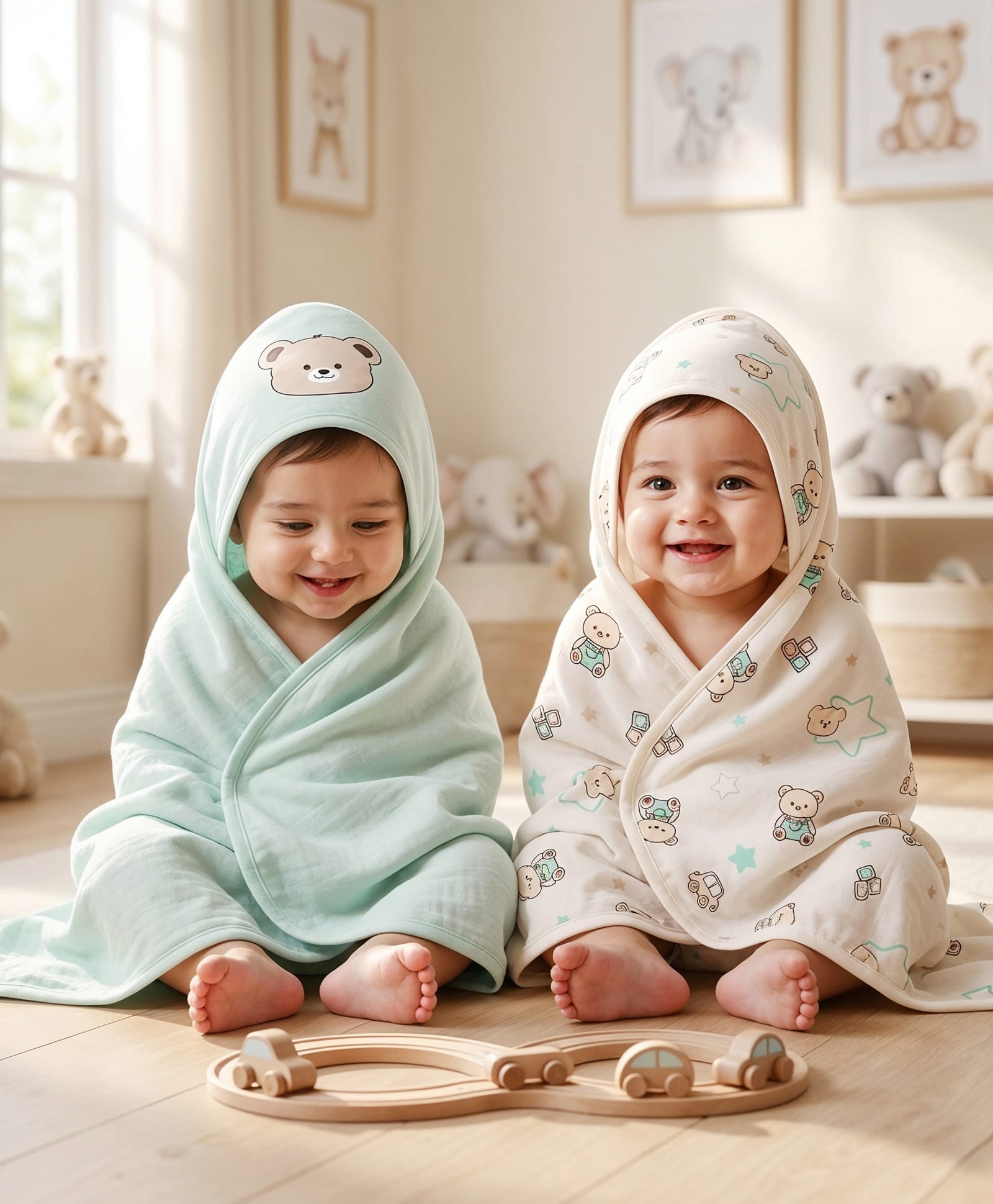 Babyoye 100% Cotton Woven Hooded Towels with Bear Print Pack of 2 L 82 x B 76 cm - Light Blue & Cream