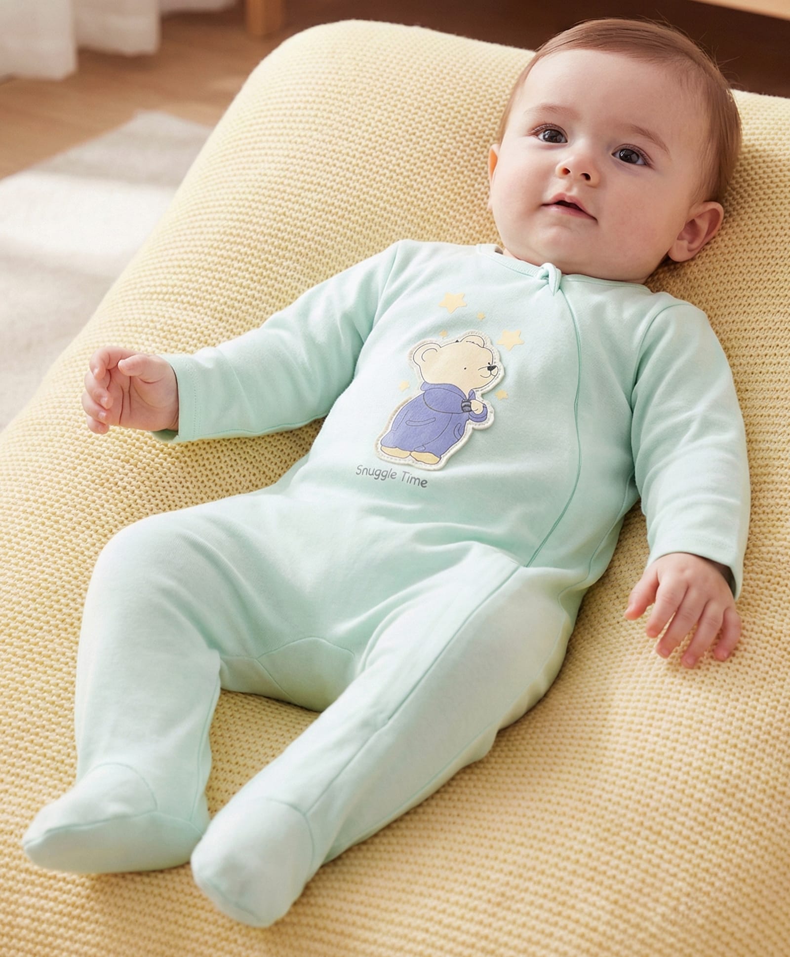 Babyoye 100% Cotton Knit Full Sleeves Footed Sleep Suit With Teddy Bear Patch - Lime Green-picture-43