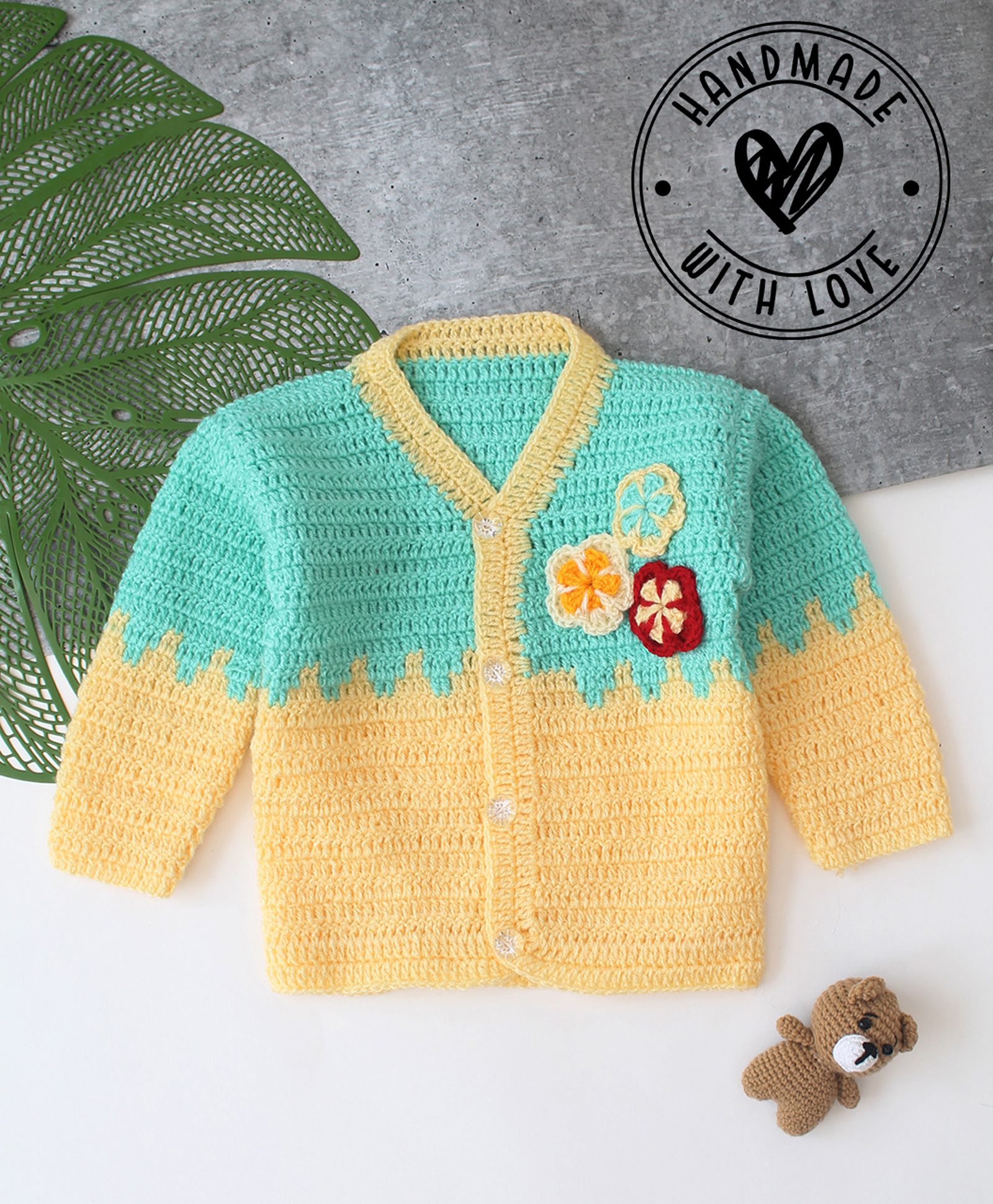 Woonie Hand Knitted Full Sleeves Floral Embroidered & Colour Blocked Cardigan - Yellow-image-34