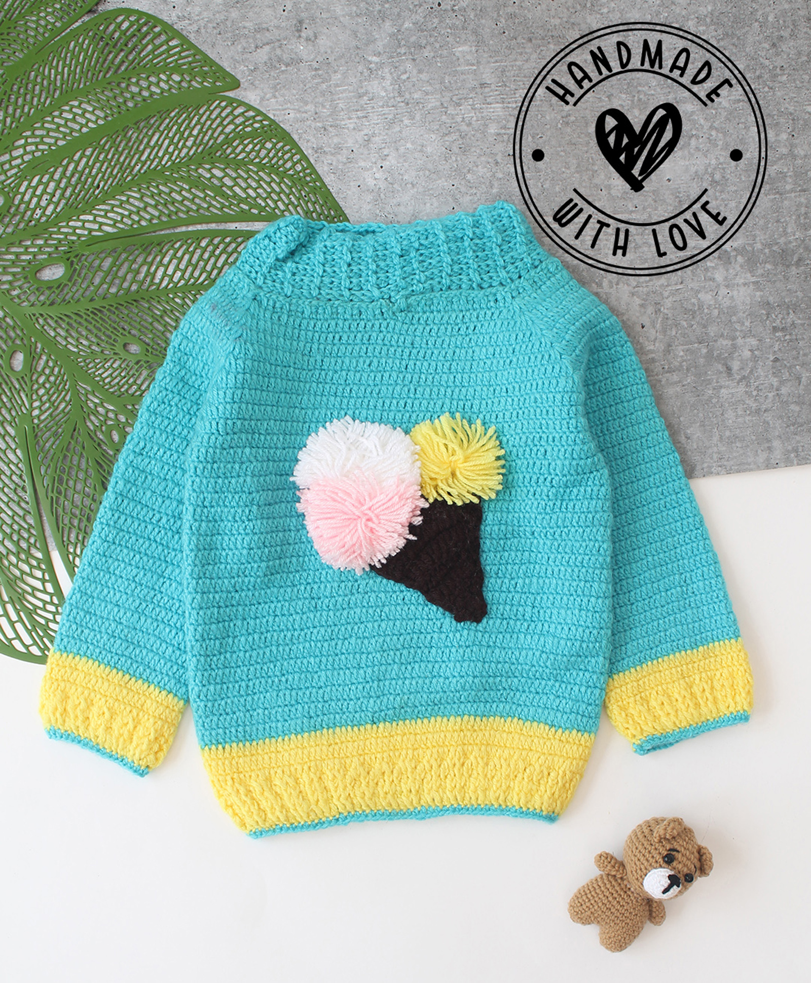 Woonie Hand Knitted Full Sleeves Ice Cream Cone Embroidered Sweater - Sky Blue-picture-14