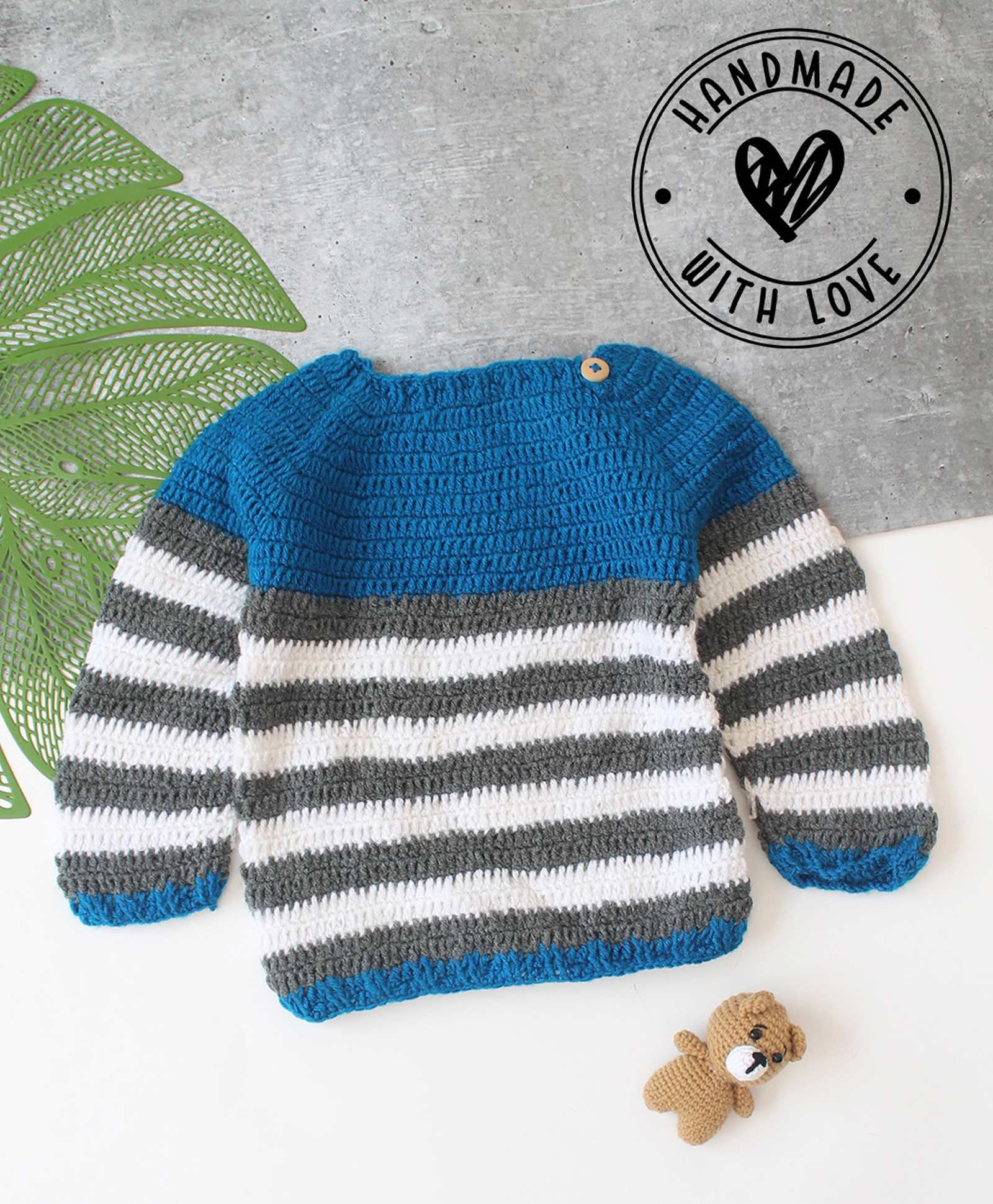 Woonie Hand Knitted Full Sleeves Striped Sweater - Blue-picture-10
